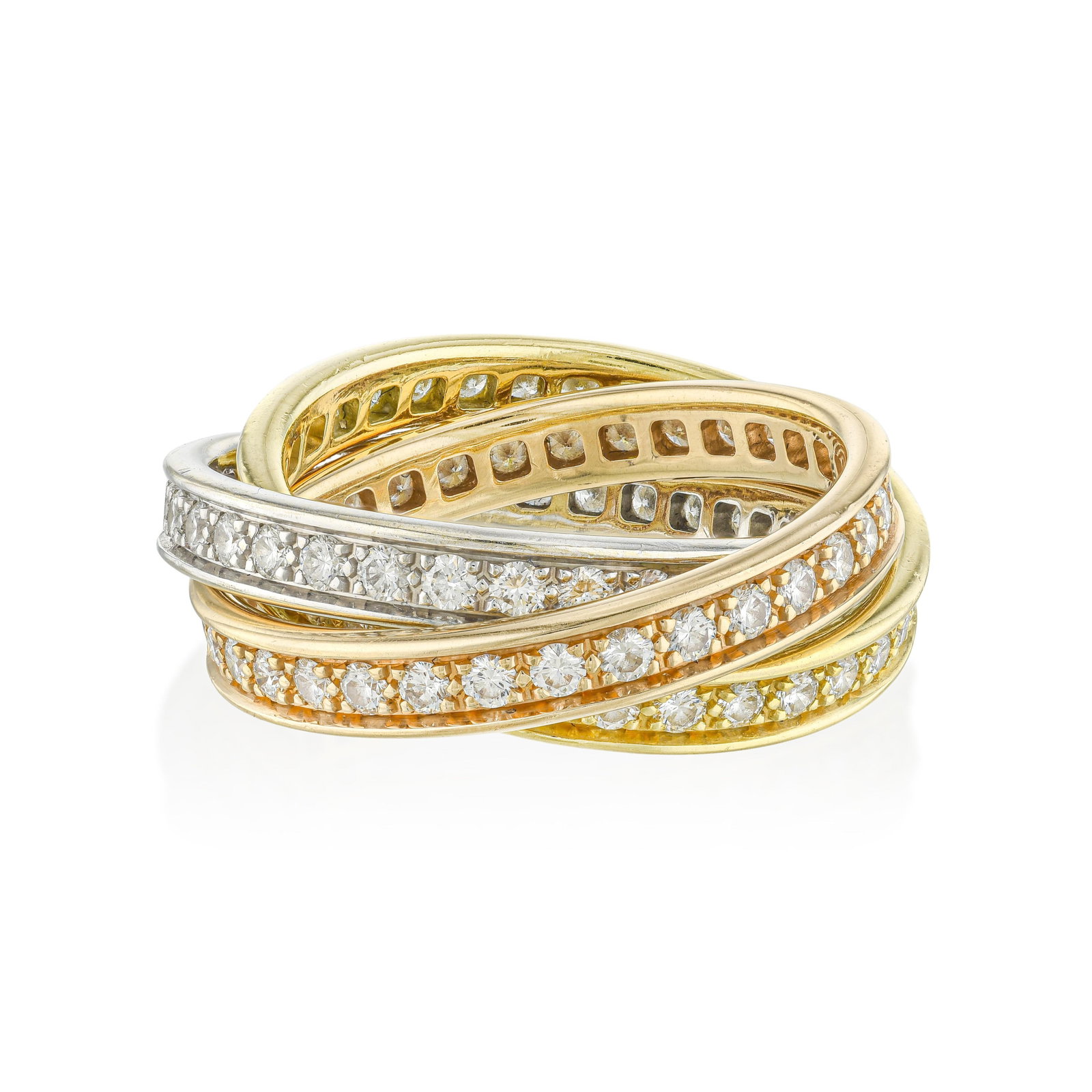 Cartier Trinity Diamond Band: Summary of Key Characteristics • Metal: 18K yellow gold • Gemstone(s): Round brilliant cut diamonds approx. 1.50 carats, most E-F/VS • Measurements: 3 mm wide each band 