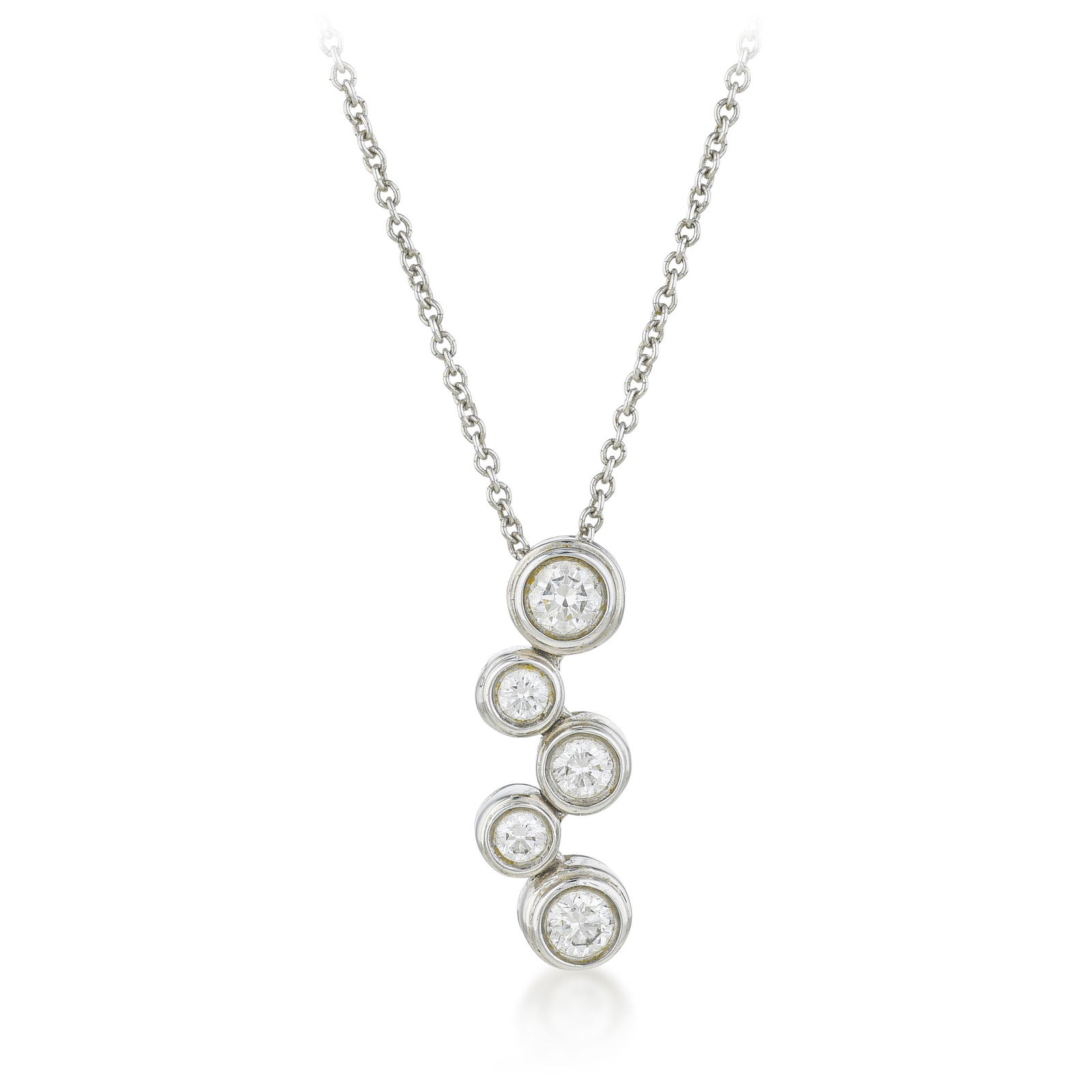 Tiffany & Co. Bubbles Bezel Set Diamond Necklace - No Reserve: Summary of Key Characteristics • Metal: platinum • Gemstone(s): Round brilliant cut diamonds approx. 1.00 carats , most F-G/VS • Measurements: 17 inch • Weight: 5.2 g. 