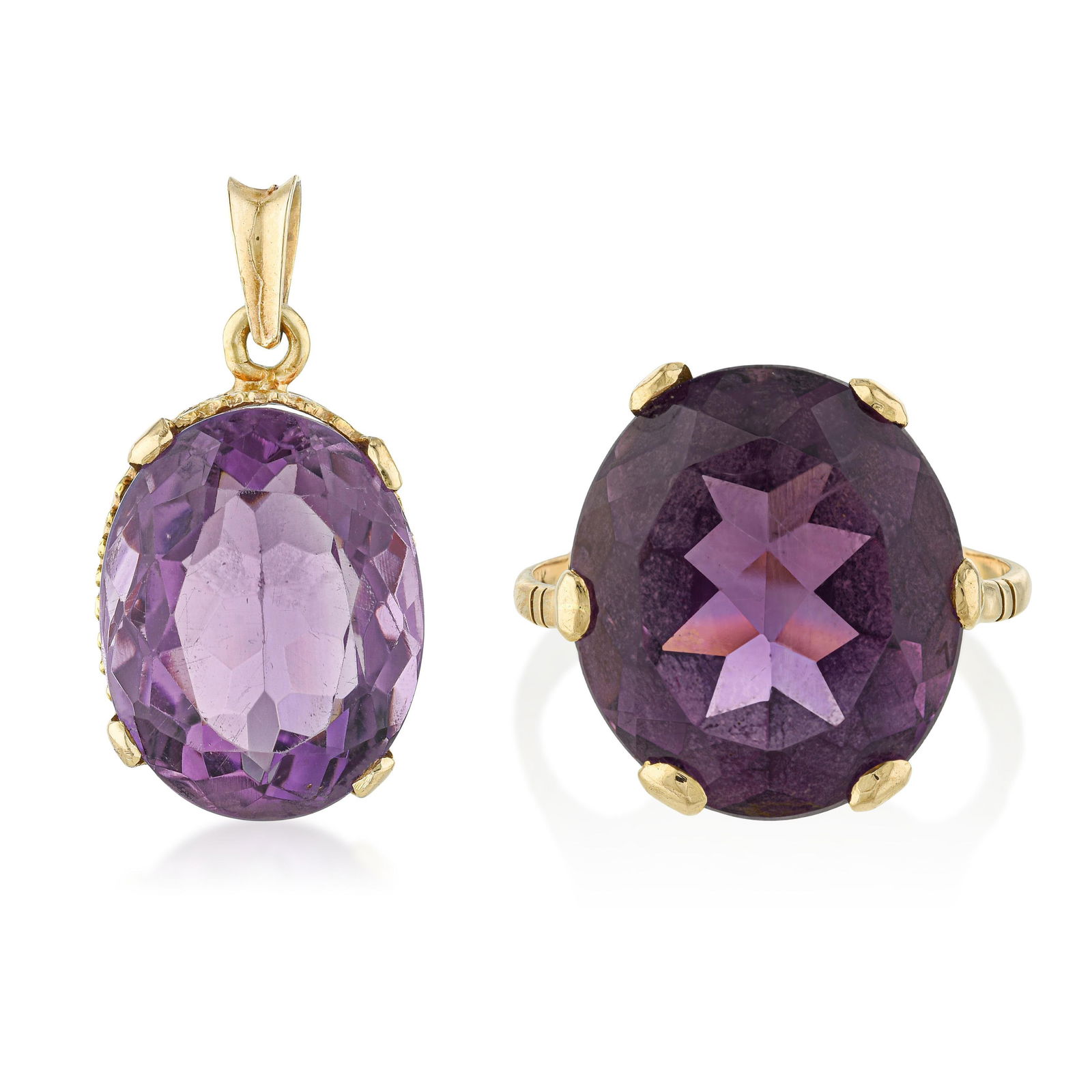 Amethyst Ring and Pendant Set - No Reserve: Summary of Key Characteristics • Metal: 18K yellow gold • Gemstone(s): (2) amethyst approx.18.00 carts total • Measurements: Ring size 7 1/2; pendant 1 inch long • Weight: