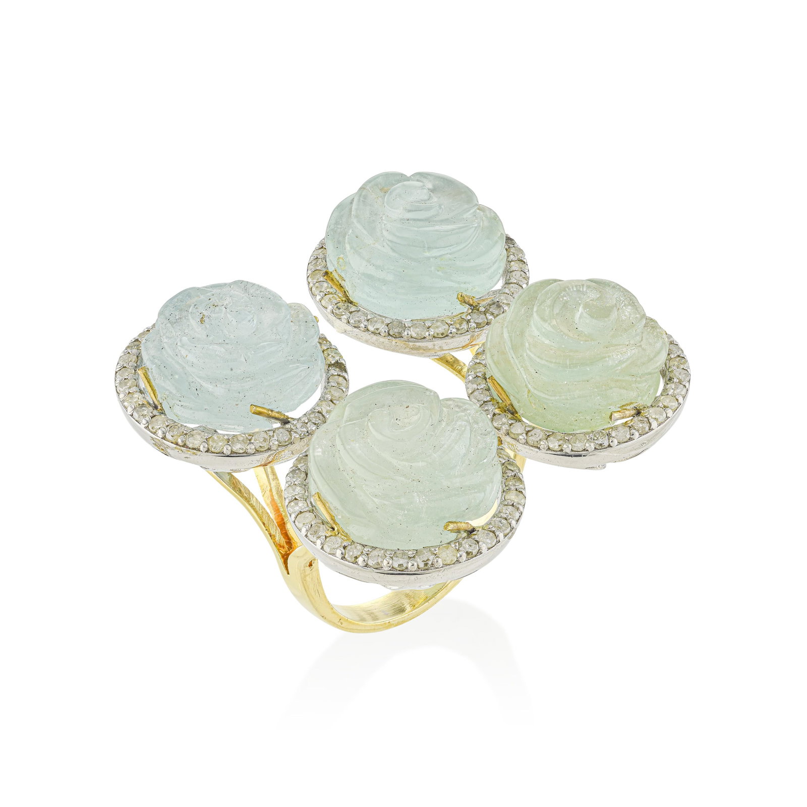 Hand Carved Rose Aquamarine and Diamond Between the Finger Ring: Summary of Key Characteristics • Metal: Silver and 14K yellow gold • Gemstone(s): Hand carved rose aquamarines approx. 26.08 carats total; round cut diamonds approx. 1.09 carats total 