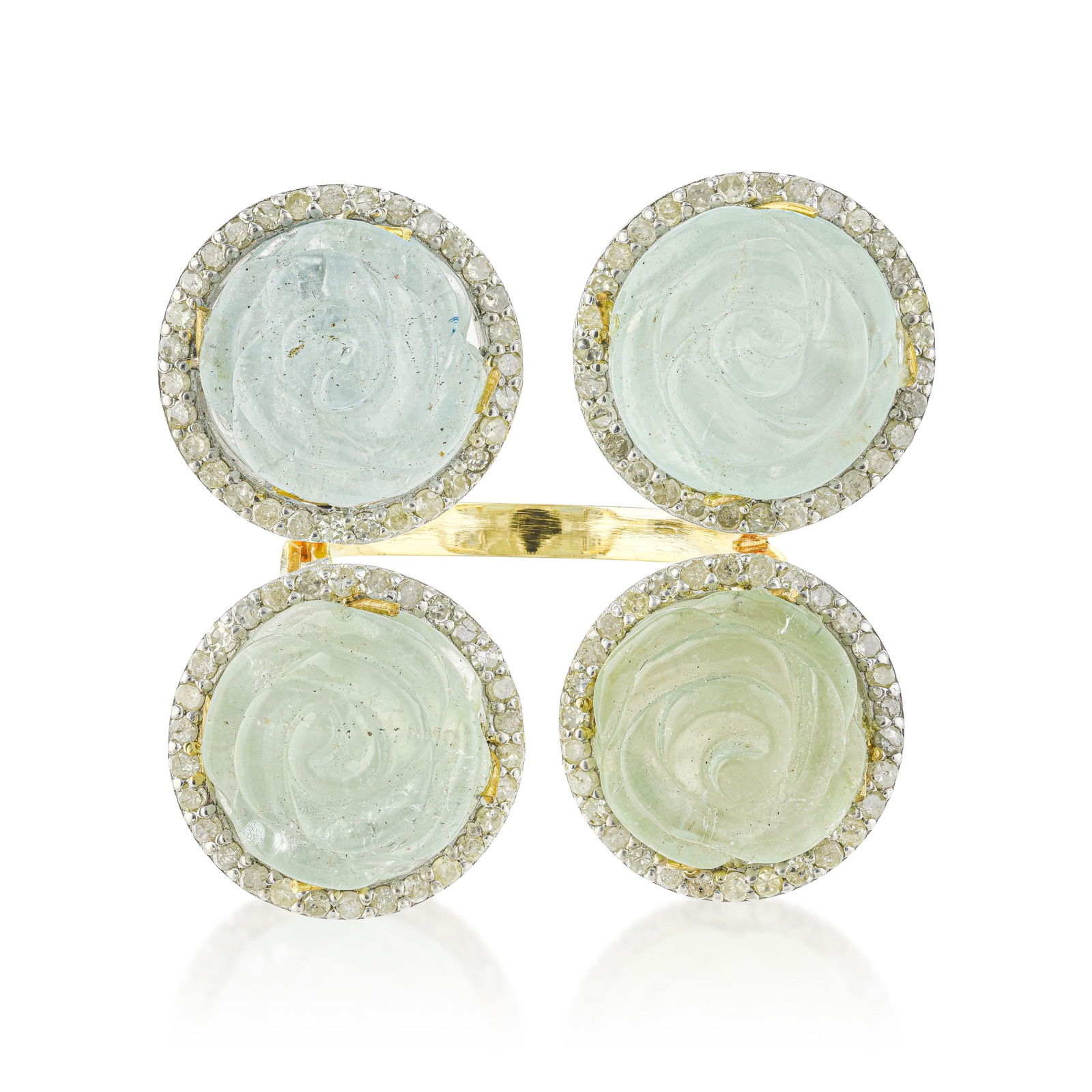 Hand Carved Rose Aquamarine and Diamond Between the Finger Ring - 2