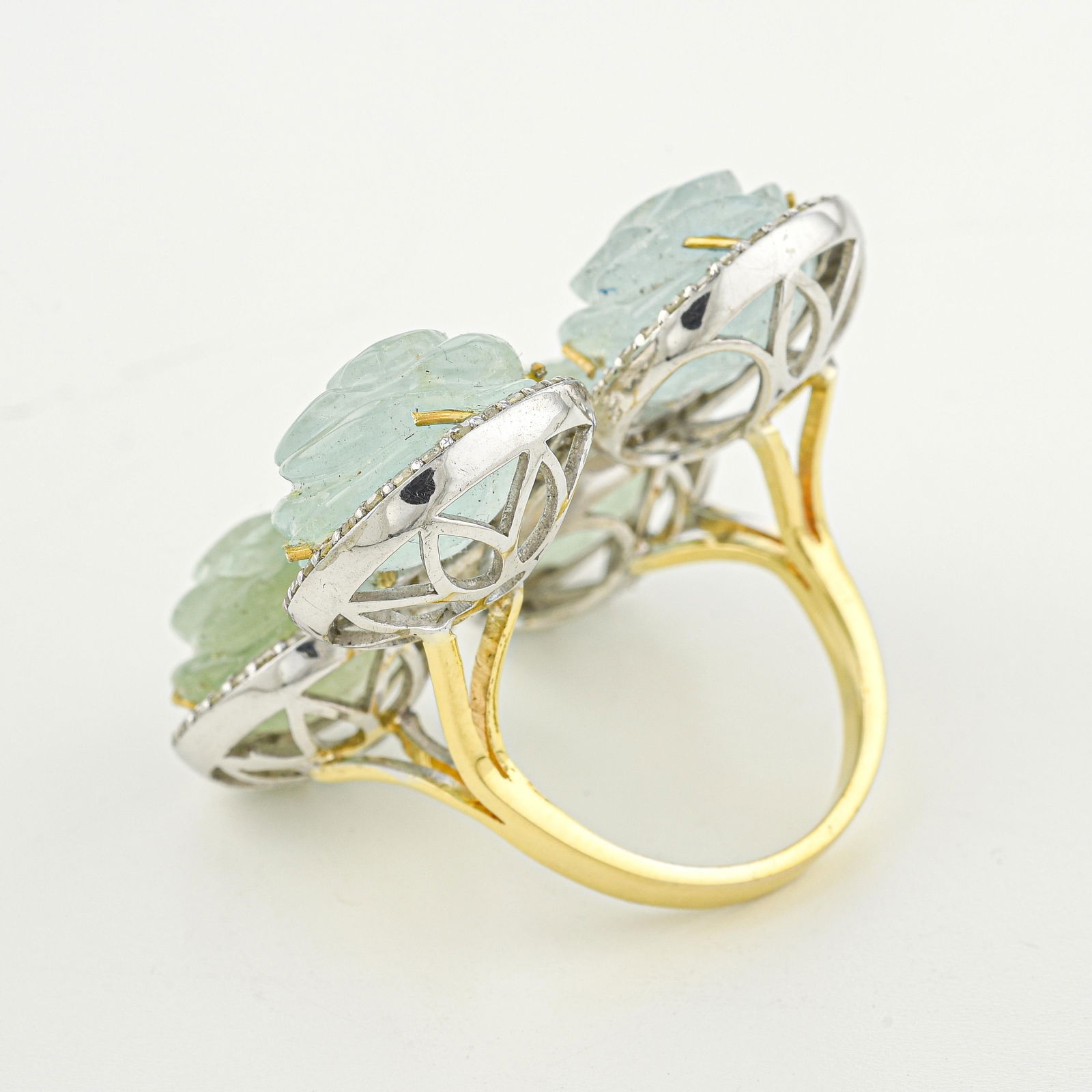 Hand Carved Rose Aquamarine and Diamond Between the Finger Ring - 3