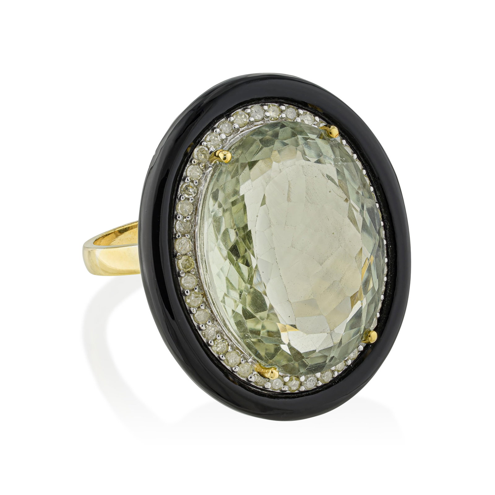 Prasiolite Diamond and Onyx Ring: Summary of Key Characteristics • Metal: Silver and 14K yellow gold • Gemstone(s): Oval shape prasiolite approx. 15.80 carats; black onyx approx. 3.30 carats total •