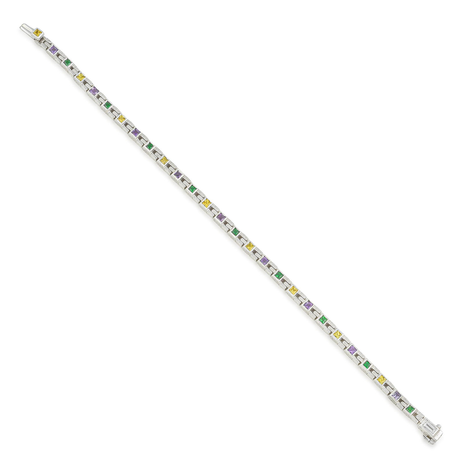 Multi Color Stone Bracelet: Summary of Key Characteristics • Metal: 18k white gold • Gemstone(s): Square cut multi color stones approx. 1.35 carats total • Measurements: 6 3/4 inches long •