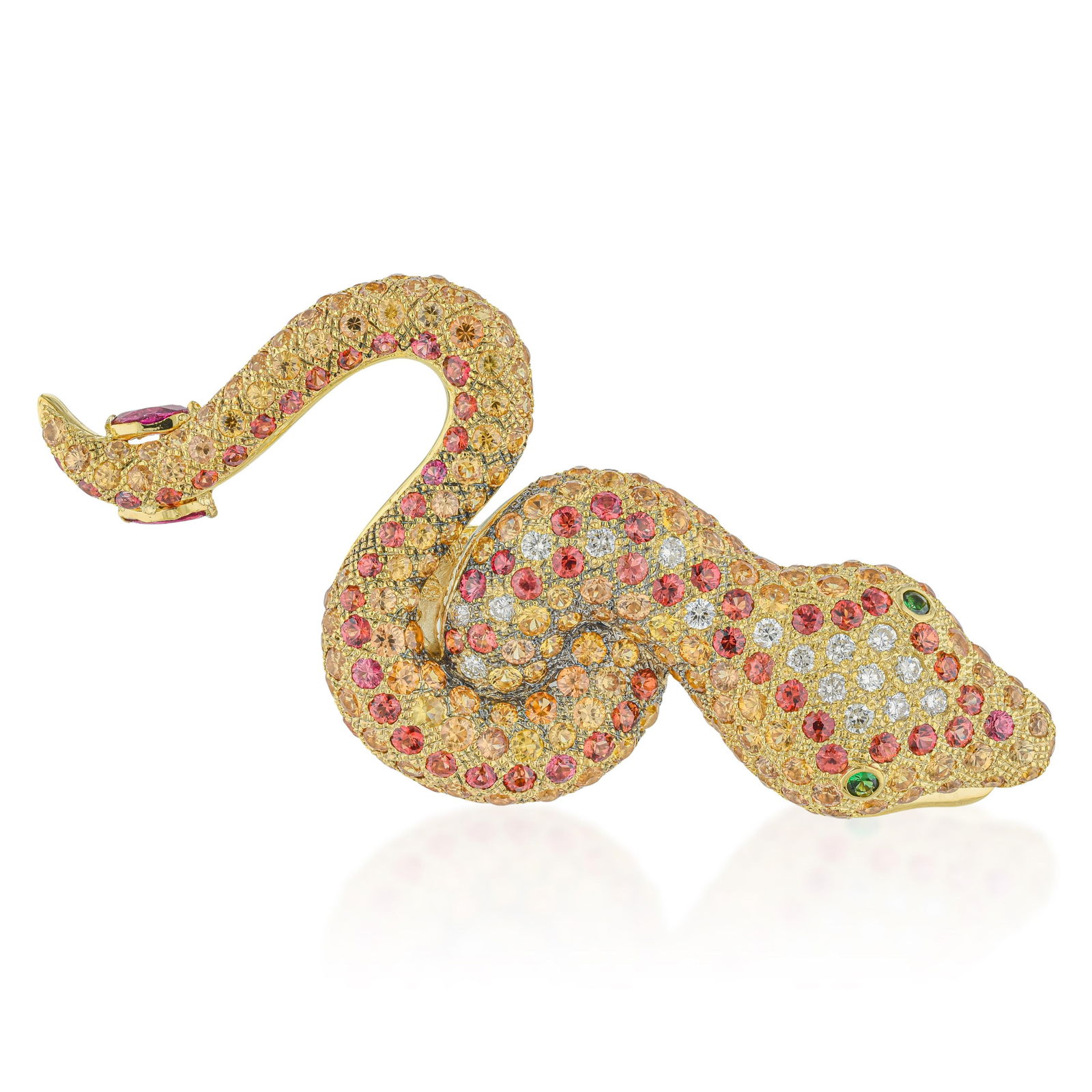 Sapphire and Diamond Snake Statement Ring: Summary of Key Characteristics • Metal: 14K yellow gold • Gemstone(s): Round multi color sapphires approx. 6.00 carats total; round brilliant cut diamonds approx. 0.50 carat total,