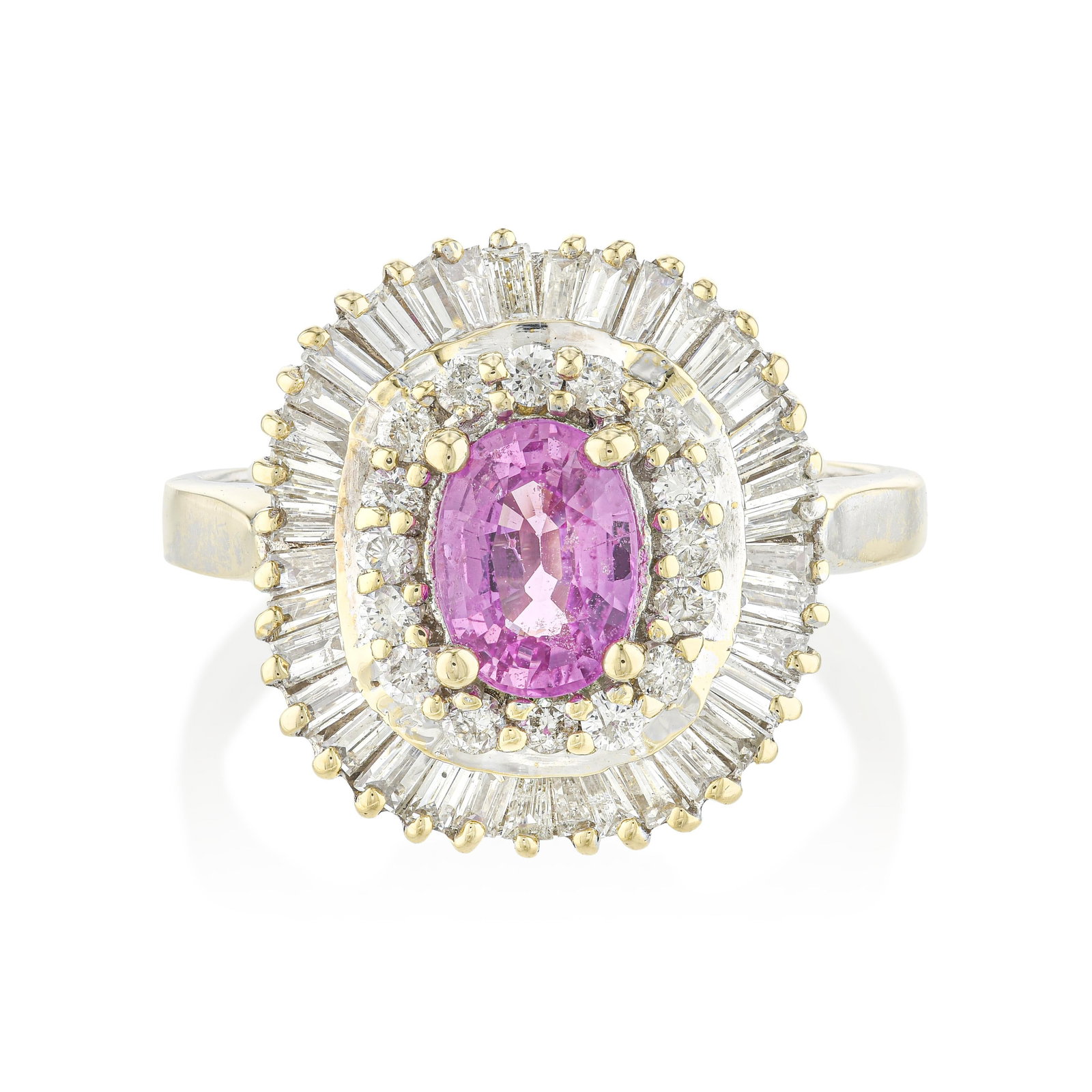Pink Sapphire and Diamond Ballerina Ring: Summary of Key Characteristics • Metal: 14K white gold • Gemstone(s): Mix shape diamonds approx. 1.00 carats total, most H-I/SI; oval shape pink sapphire approx. 0.80 carats •