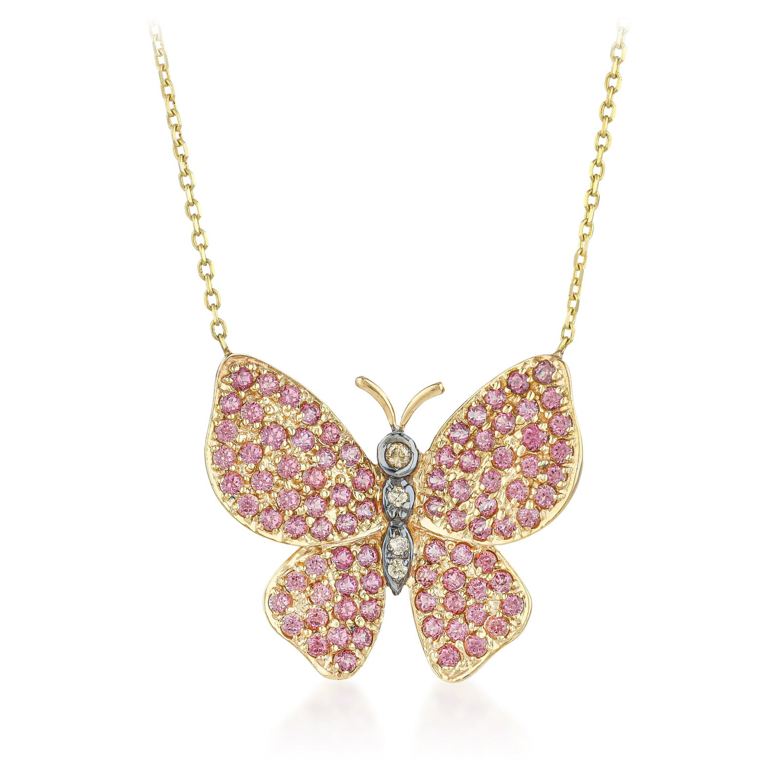 Pink Sapphire Butterfly Necklace - No Reserve: Summary of Key Characteristics • Metal: 18K/14K yellow gold • Gemstone(s): round cut pink sapphires approx.1.75 carts total • Measurements: 17 inches • Weight: 5.4 g. 