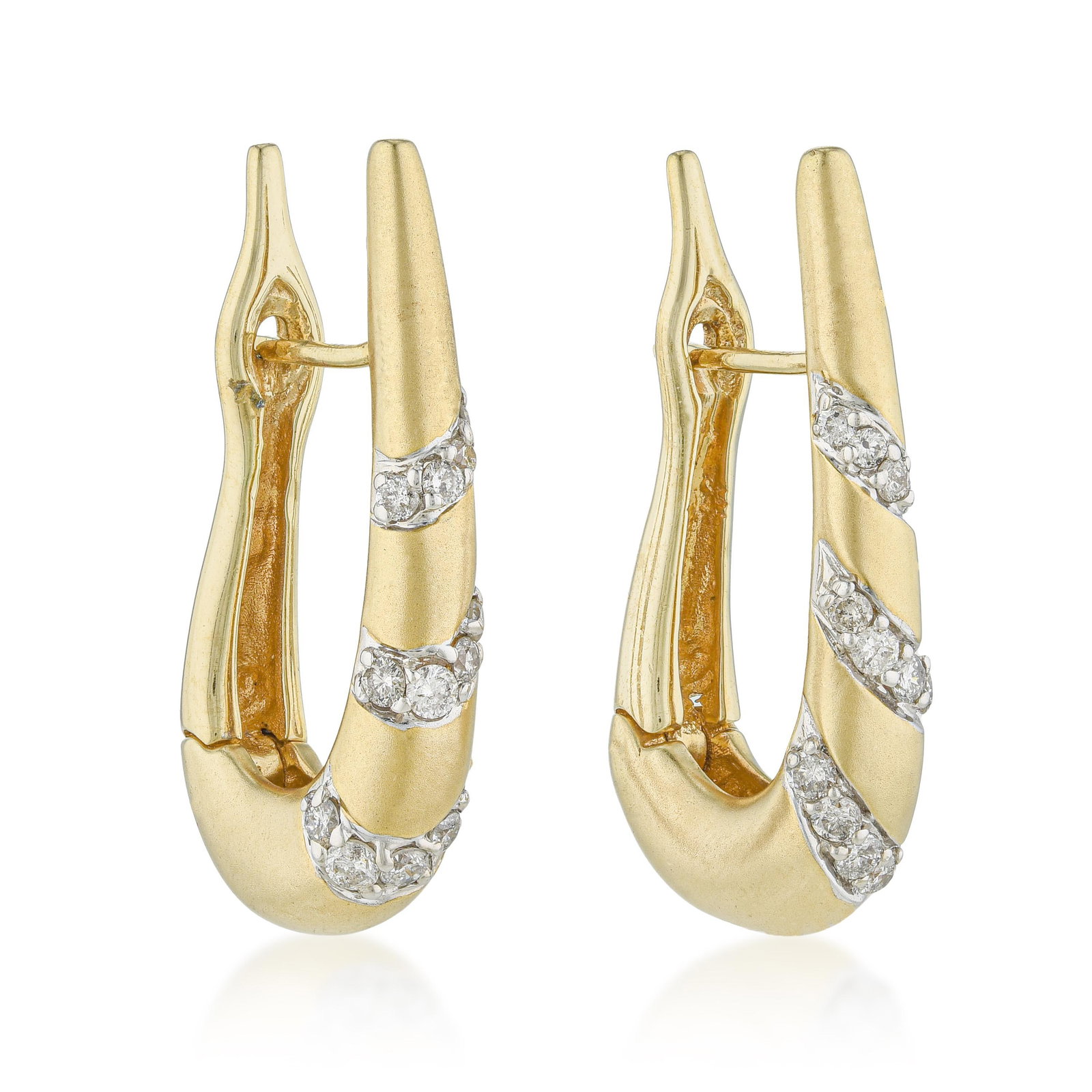 Sculptural Gold Diamond Hoop Earrings: Summary of Key Characteristics • Metal: 14K yellow gold • Gemstone(s): Round brilliant cut diamonds approx. 0.73 carats total • Measurements: 1 1/4 inch long • Weight: 9.3