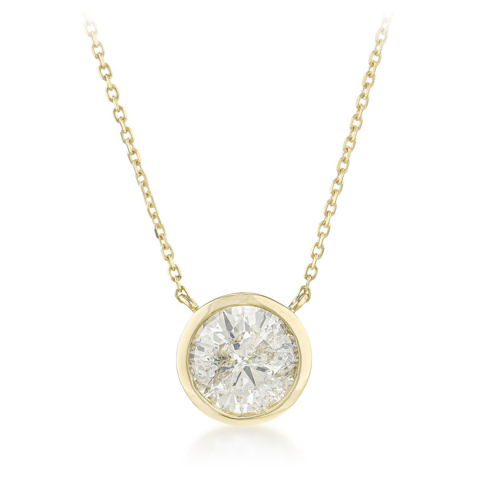 Solitaire Bezel Necklace with Adjustable Chain: Summary of Key Characteristics • Metal: 14K yellow gold • Gemstone(s): Round brilliant cut diamonds approx. 1.52 carats total, most H-I/I1 • Measurements: diamond size - 7.4mm,