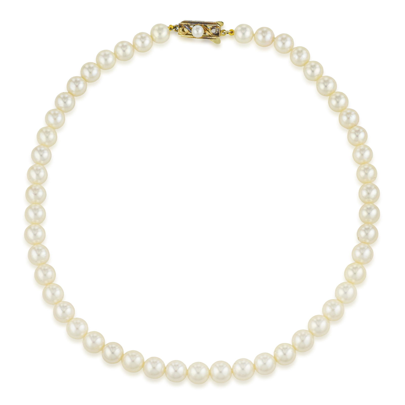 Mikimoto Pearl Necklace - No Reserve: Summary of Key Characteristics • Metal: 14K yellow gold • Gemstone(s): Pearls approx.7 mm each • Measurements: 14.5 inches long • Weight: 28.5 g. • Condition: In