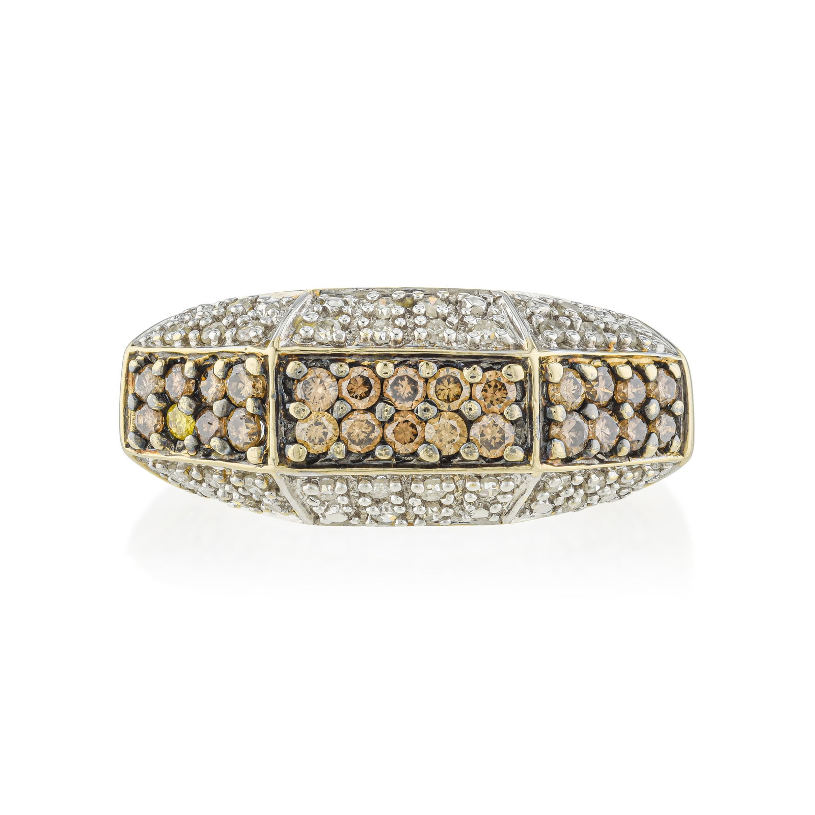 Fancy Color Brown and White Diamond Ring: Summary of Key Characteristics • Metal: 14 K yellow gold • Gemstone(s): Fancy color brown and white diamonds approx. 1.00 carats total • Measurements: 9 mm at widest • Ring