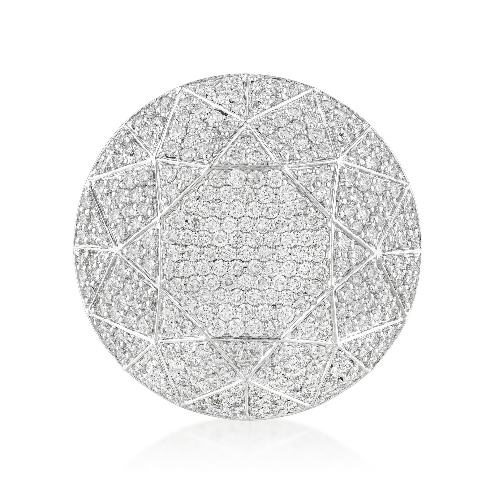 Shield Pave Cocktail Ring: Summary of Key Characteristics • Metal: 14K white gold • Gemstone(s): Round brilliant cut diamonds approx. 1.78 carats total, most H-I/I1 • Measurements: ring top 22mm 