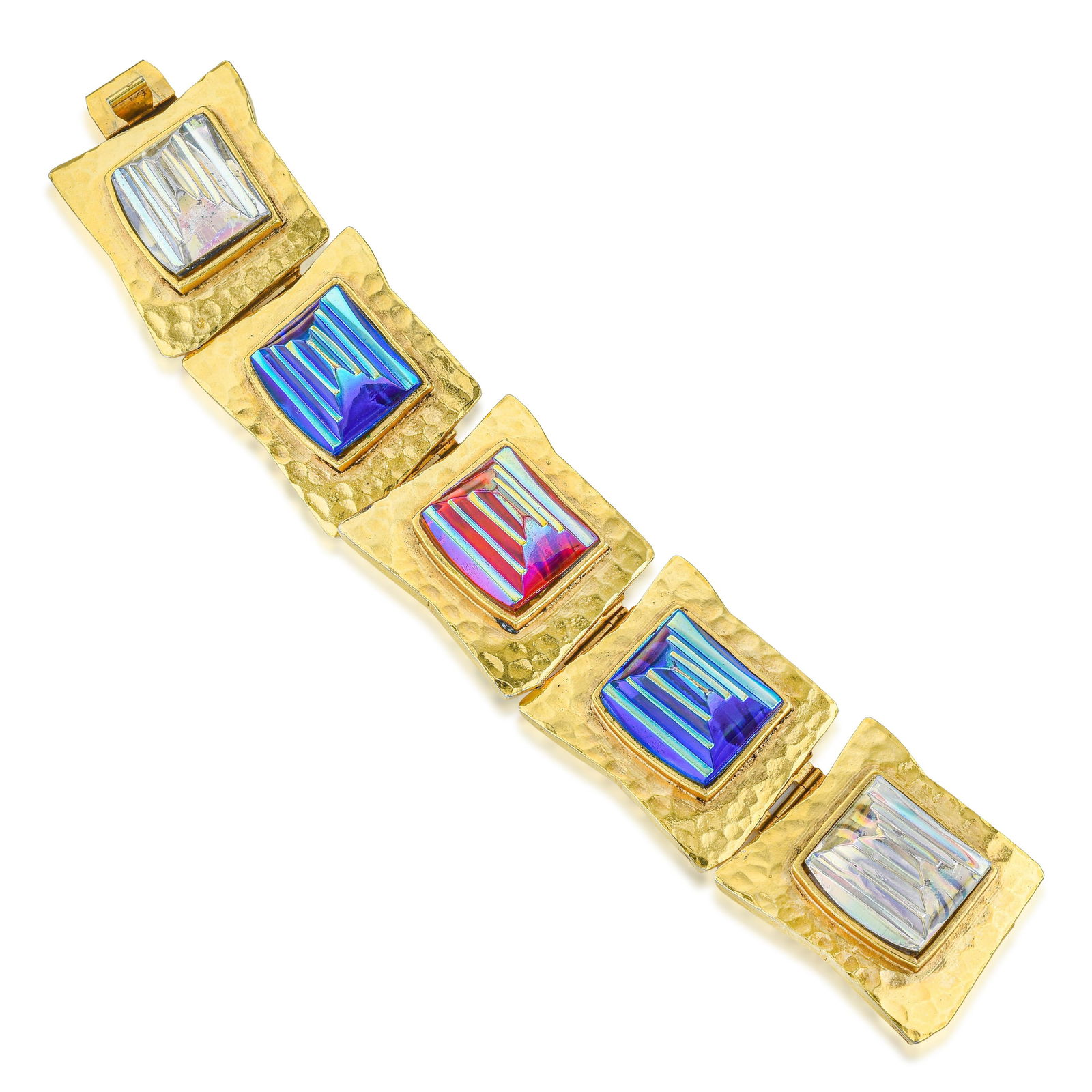 Vintage Mercedes Robirosa Aurora Borealis Rhinestone Link Bracelet (Costume) - No Reserve: Summary of Key Characteristics • Metal: Vermeil • Gemstone(s): Rhinestones in vibrant, iridescent hues • Measurements: 7-3/4 inches, 1-1/8 inches wide • Weight: 137.5 g. 