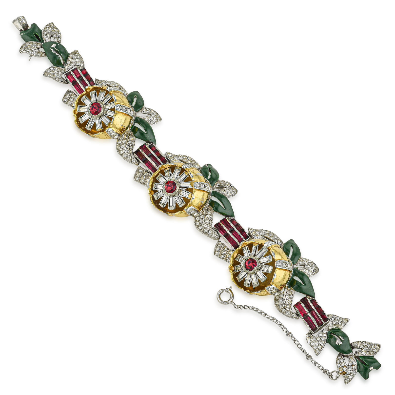 Vintage Coro Quivering Camellia Bracelet (Costume), Circa 1938 - No Reserve: Summary of Key Characteristics • Metal: Gold and silver plated metal • Gemstone(s): Red fashion crystal flowers that move (en tremblant); green enamel • Measurements: