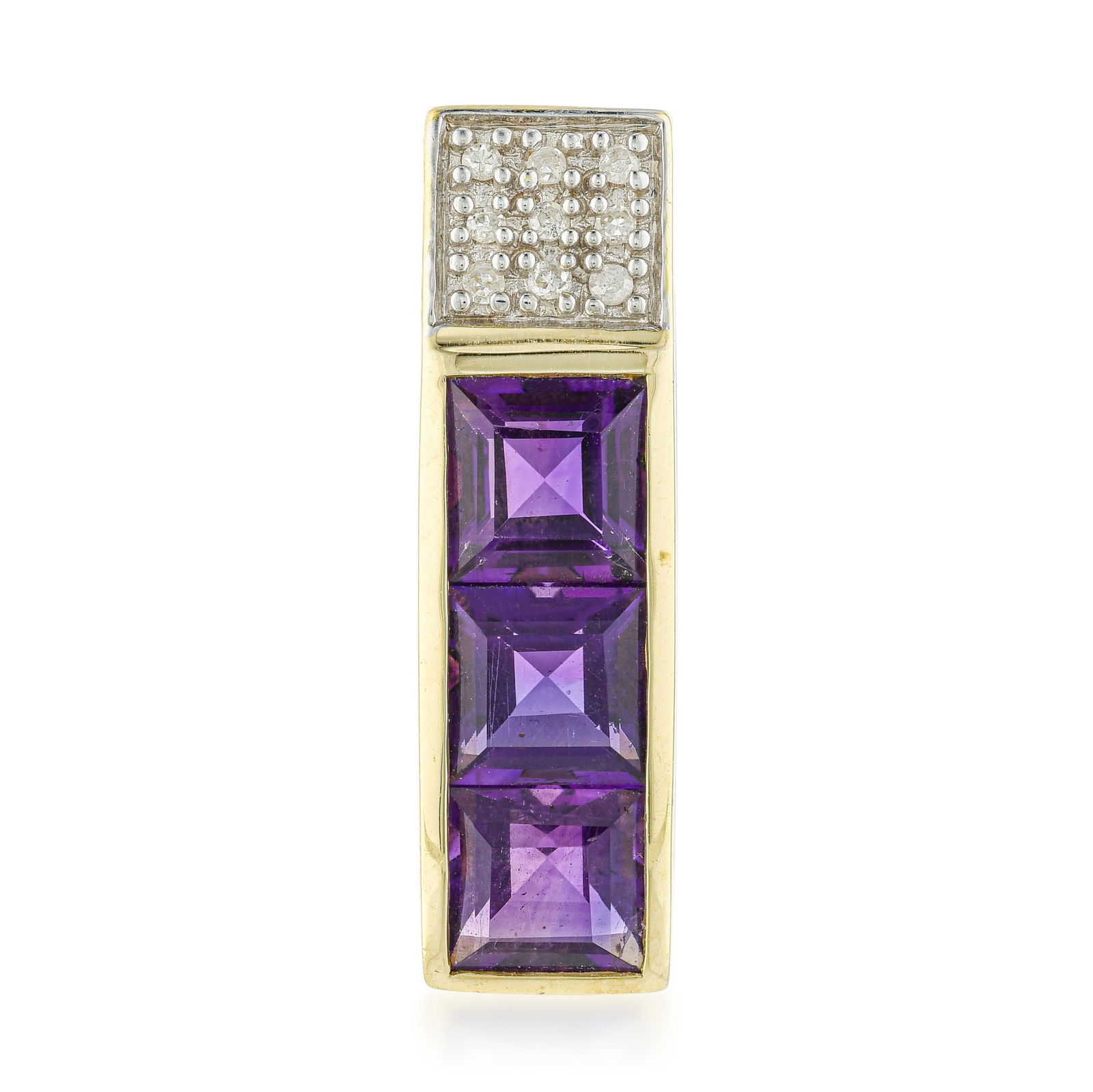Amethyst and Diamond Pendant - No Reserve: Summary of Key Characteristics • Metal: 14 K yellow gold • Gemstone(s): single cut diamonds approx. 0.05 carat total; square cut amethyst • Measurements: 23 mm long •