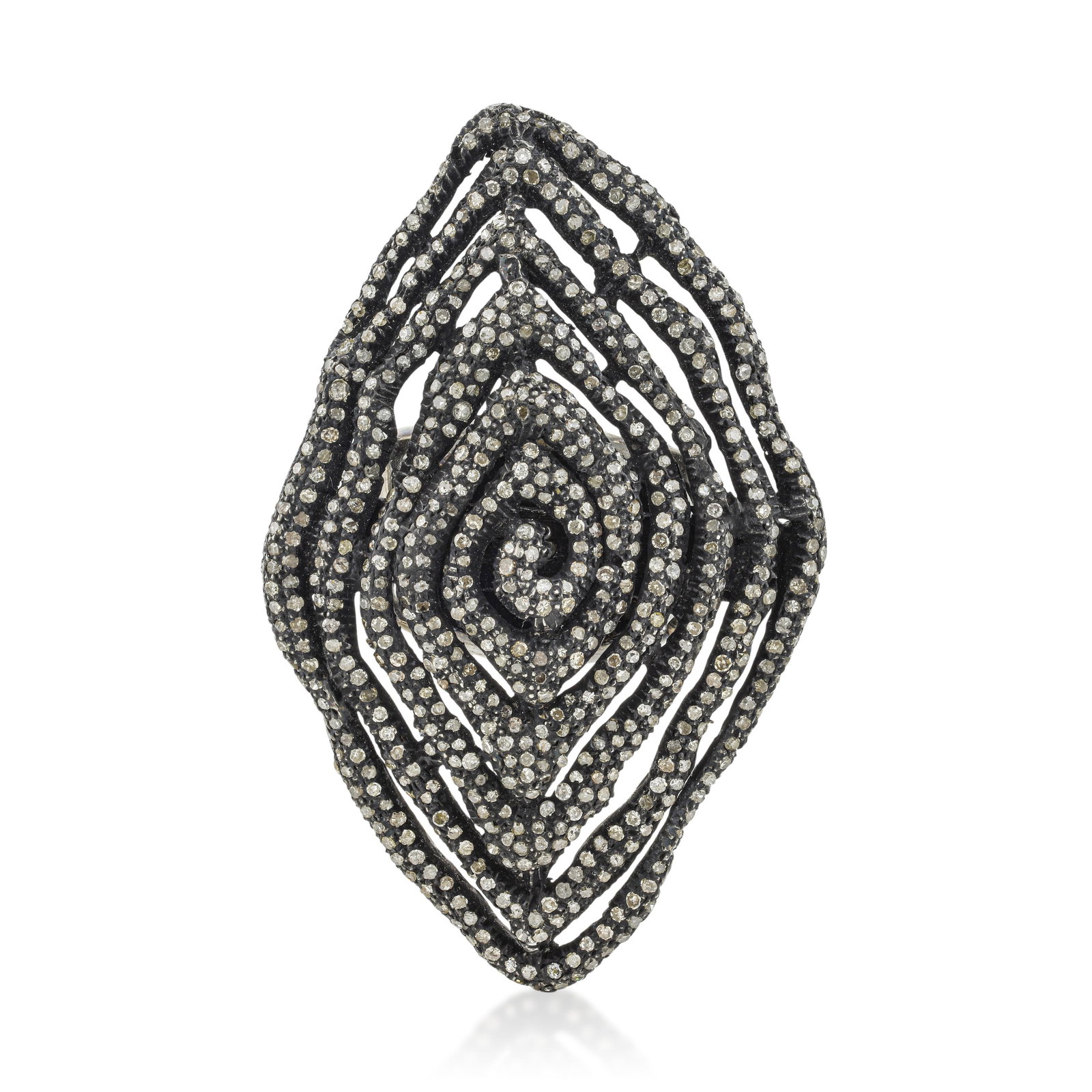 Oxidized Silver and Diamond Statement Ring - No Reserve: Summary of Key Characteristics • Metal: silver oxidize • Gemstone(s): Round diamonds approx. 2.49 carats total • Measurements: 2 inches long • Ring Size: 7 •