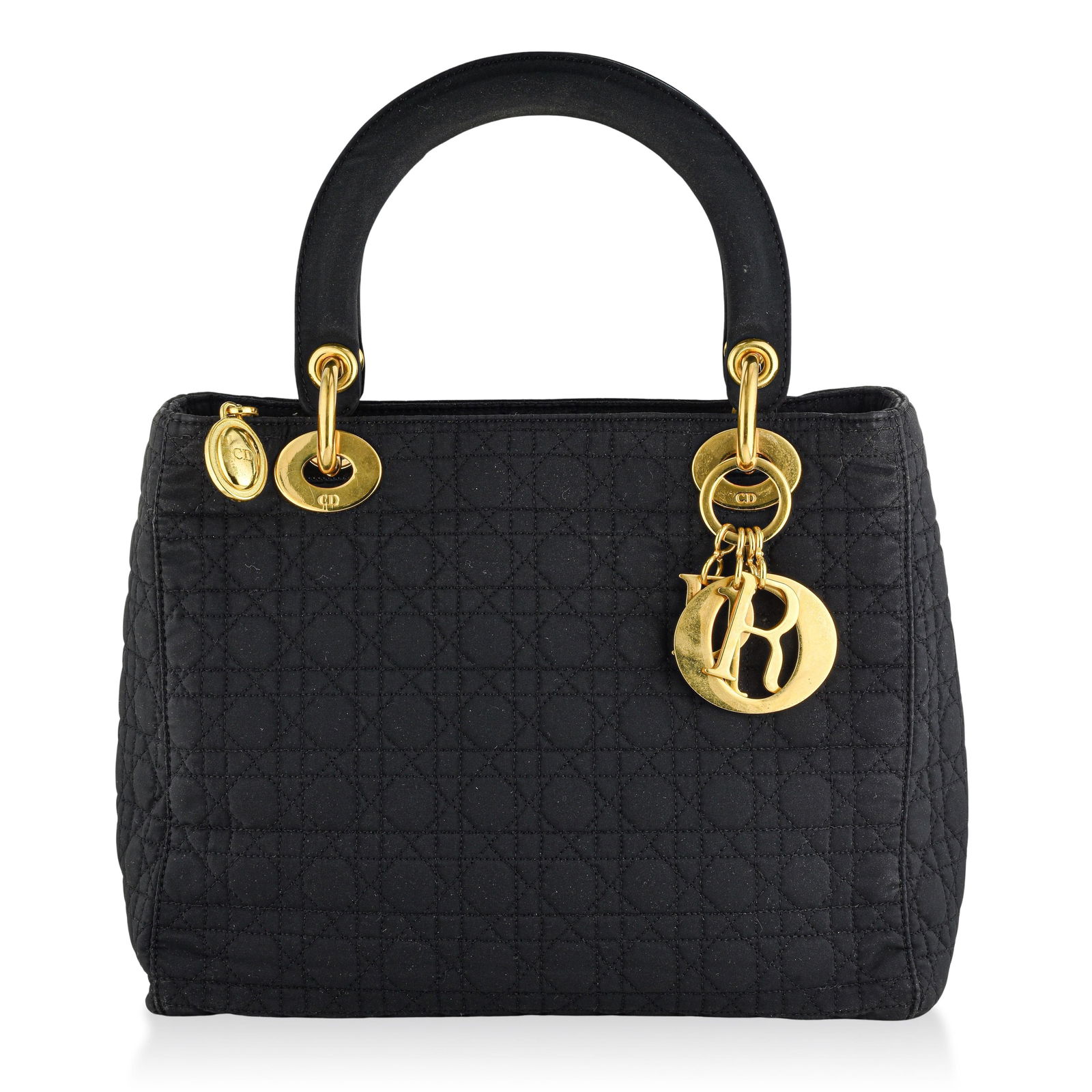 Christian Dior Medium Lady Dior Handbag - Black Nylon - No Reserve: A timeless icon of Dior elegance, the Medium Lady Dior handbag is crafted in luxurious black cannage nylon, paired with gleaming gold-tone hardware, including the signature ‘D.I.O.R.’