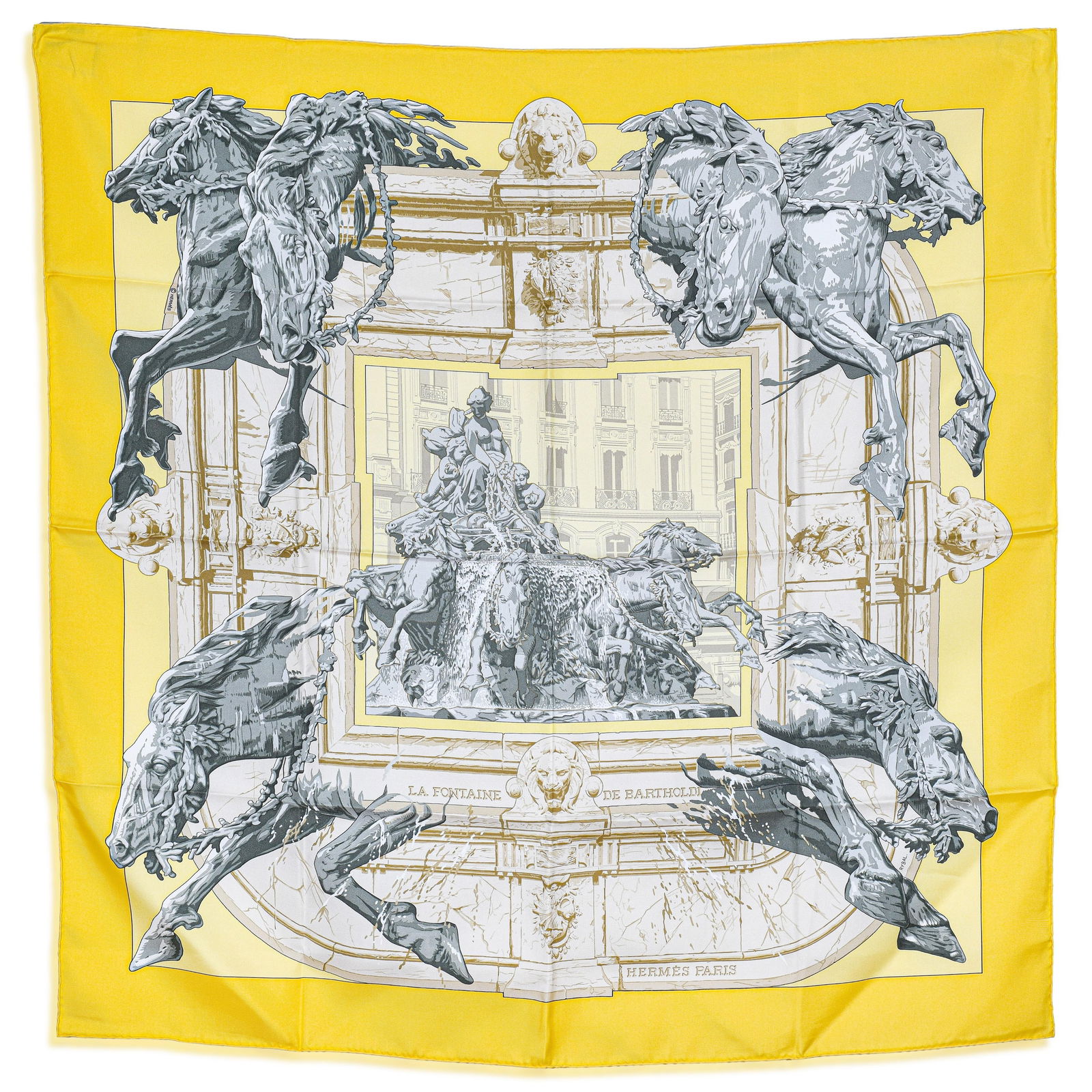 Hermes La Fontaine de Bartholdi Silk Scarf, with Box - No Reserve: This Hermes La Fontaine de Bartholdi silk scarf is a celebrated design by Vladimir Rybaltchenko (Rybal), first issued in 1995/1996. The artwork pays tribute to the iconic Bartholdi Fountain
