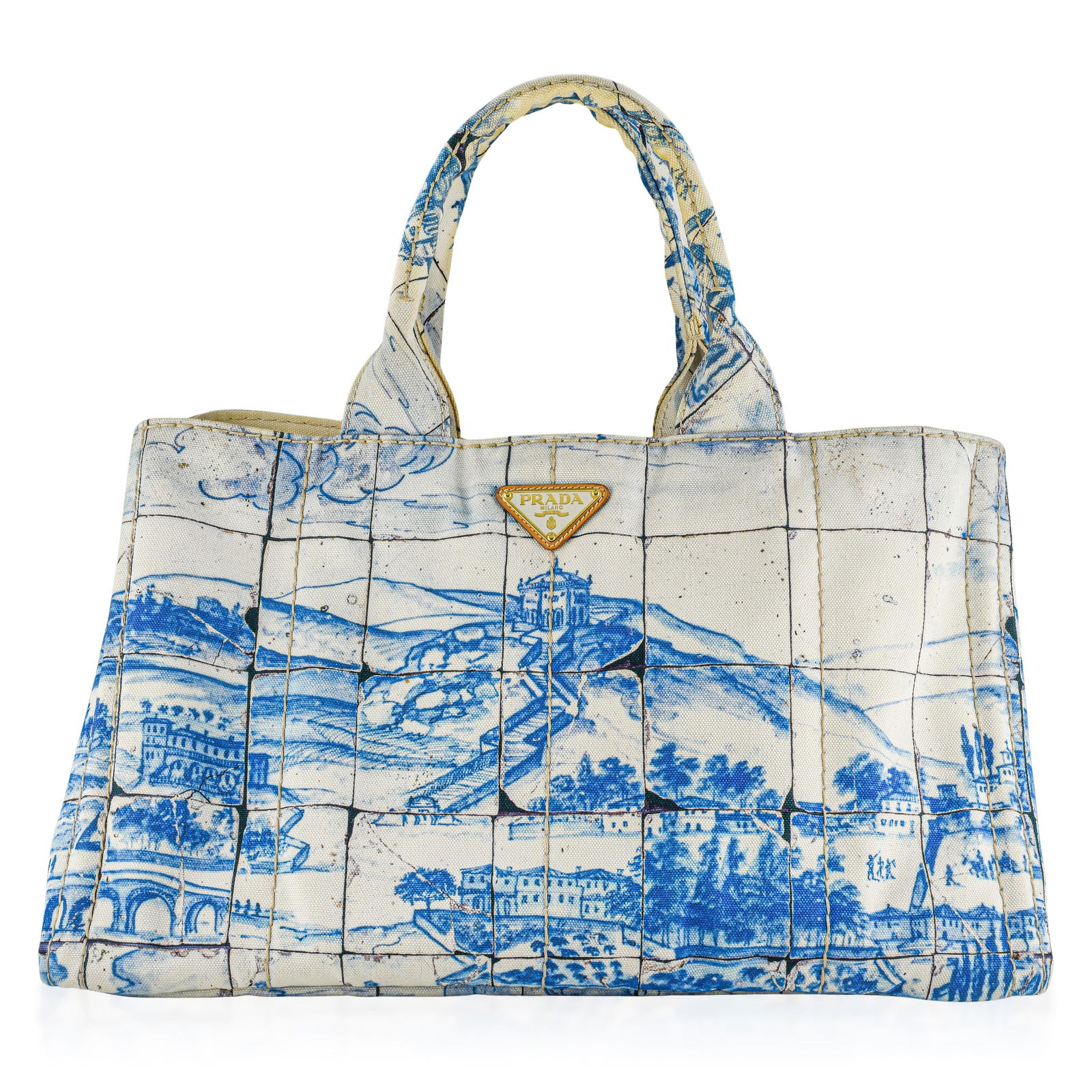 Prada Canapa Azulejos Large Canvas Tote Bag - No Reserve: This striking Prada Canapa Azulejos Large Canvas Tote Bag is a beautiful expression of early 2010s Prada artistry, inspired by traditional Portuguese azulejos tilework. Crafted in Italy from thick,