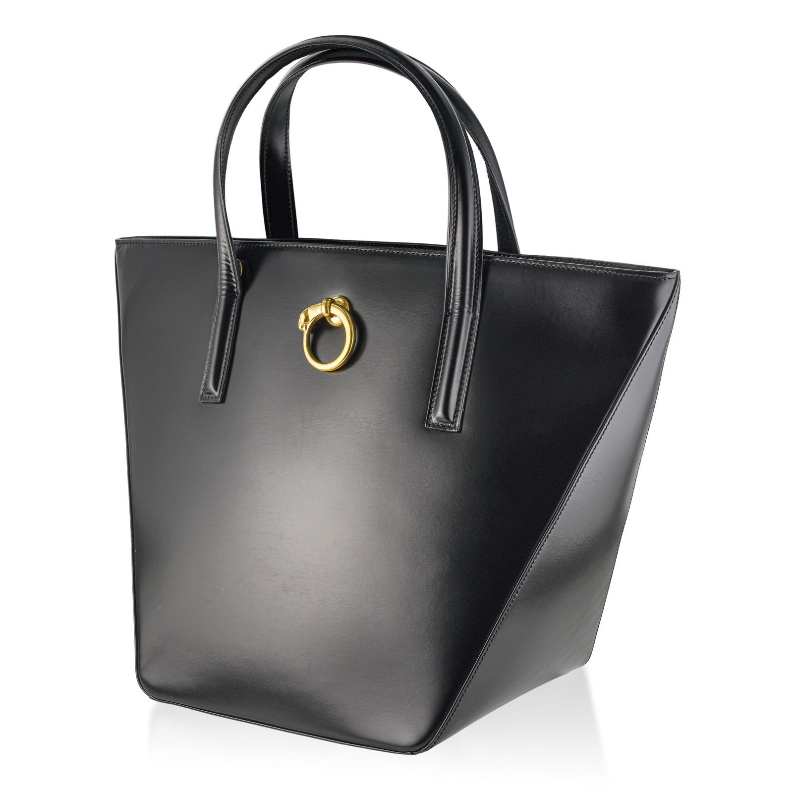 Cartier Panthere Structured Leather Satchel: This elegant Cartier Panthere Structured Leather Satchel embodies the refined sophistication and timeless design synonymous with the House of Cartier. Crafted from smooth black leather, the bag