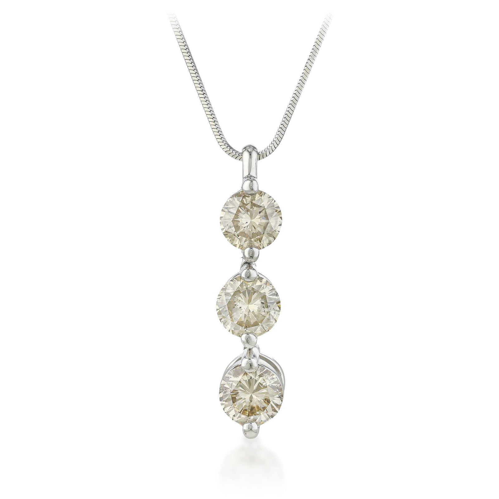 Three Diamond Drop Pendant Necklace: Three round brilliant diamonds, each bezel-set in platinum, suspended along a clean chain in a descending cascade — this is jewelry that trusts the stone entirely. Approximately 2.00 carats of