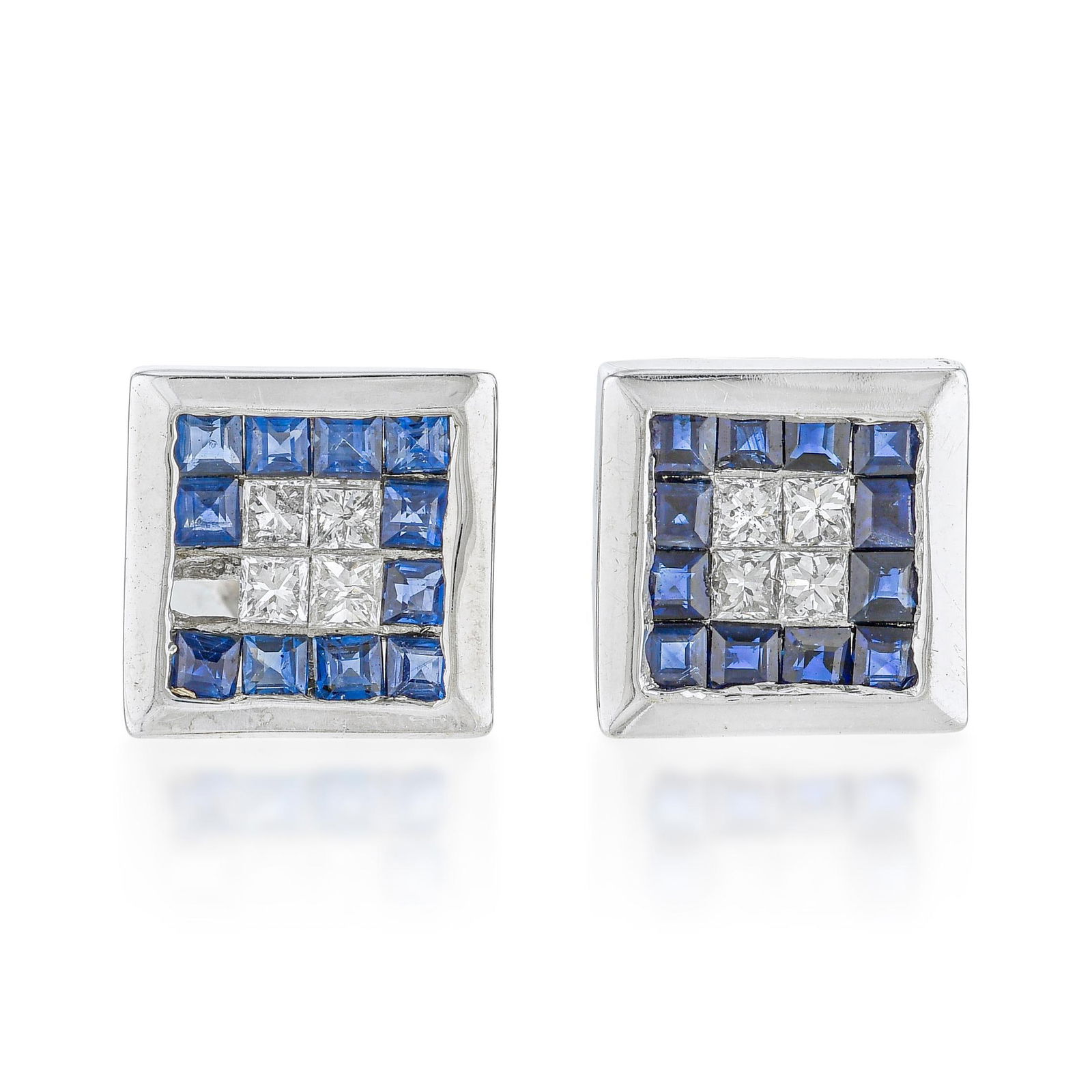 Square Shape Sapphire and Diamond Stud Earrings: ESTIMATED RETAIL PRICE: $600* *This is the estimated value a piece of similar quality, craftsmanship, and characteristics could command at retail. Square-shape sapphires paired with square-shape