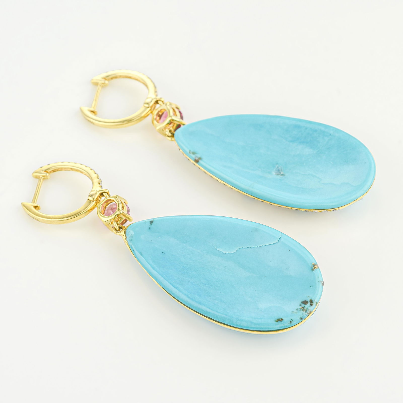 Turquoise Diamond and Pink Sapphire Earrings - No Reserve Lot - 3