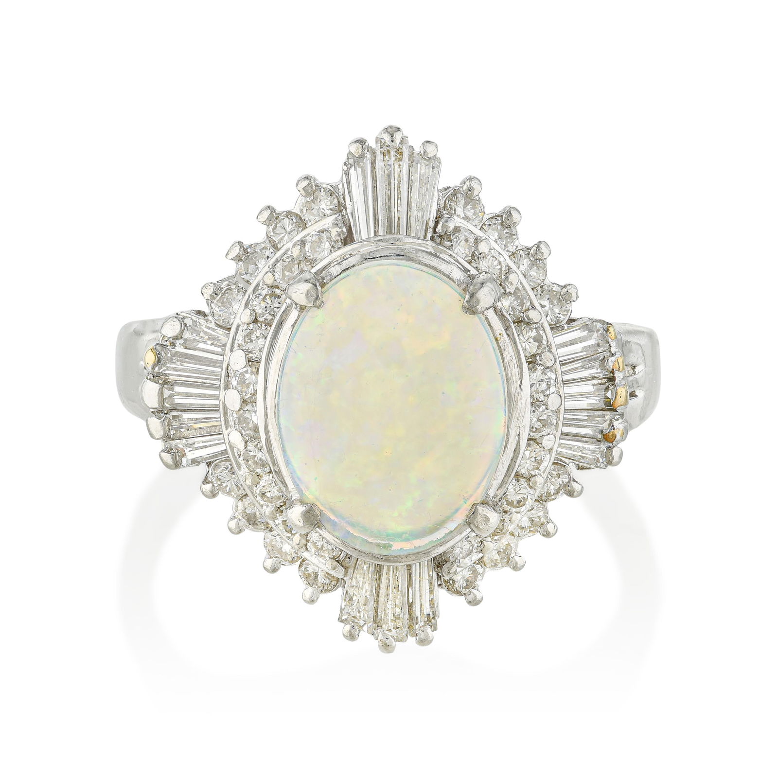 Opal and Diamond Ring: No two opals are alike — that is the fundamental truth that makes them irresistible. The kaleidoscopic play-of-color in this approximately 10x8mm cabochon is unique to this specific stone, this