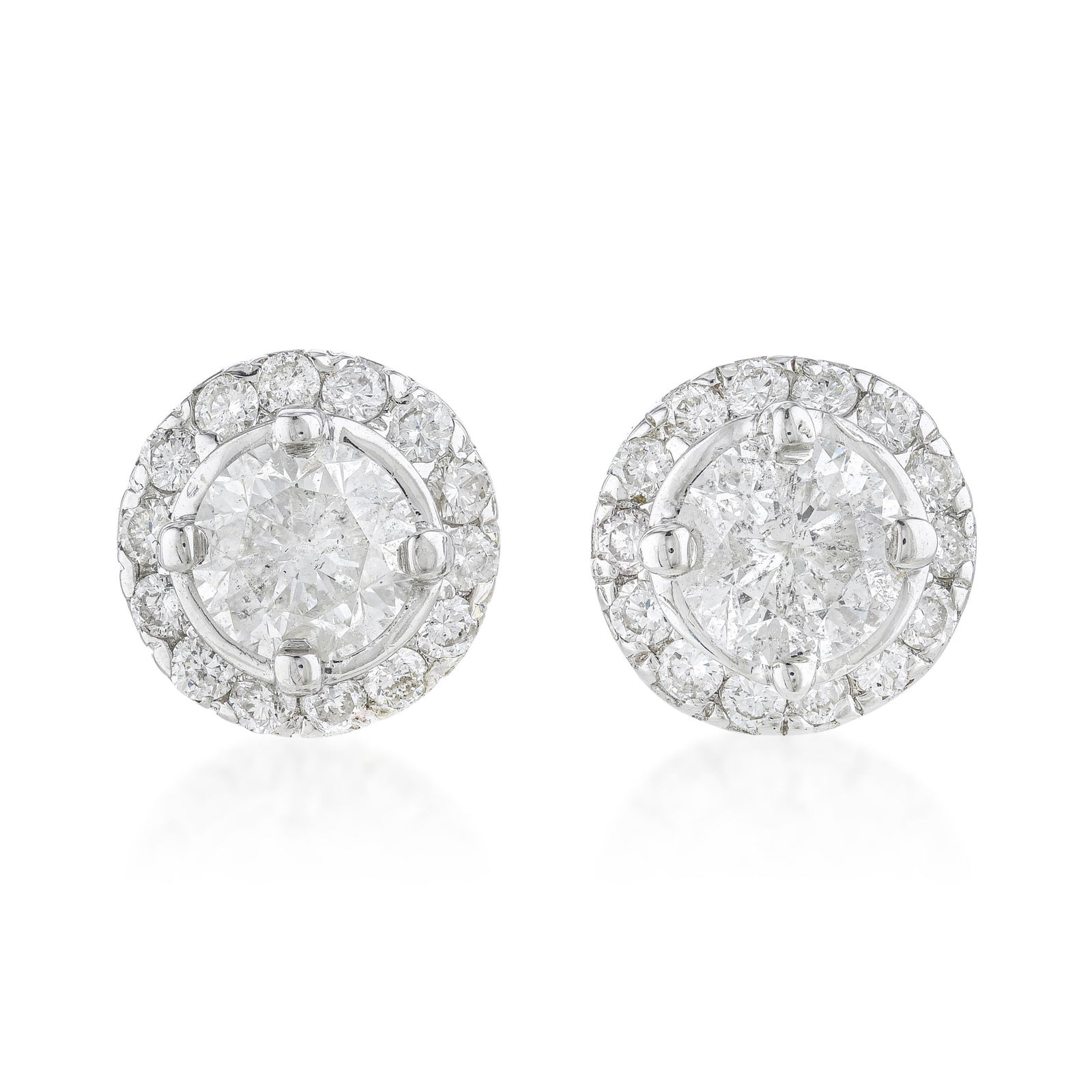 Diamond Cluster Stud Earrings: The cluster stud in 14K white gold with approximately 1.00 carat of round brilliants maximizes visual impact through intelligent stone arrangement. Multiple smaller diamonds together create the look