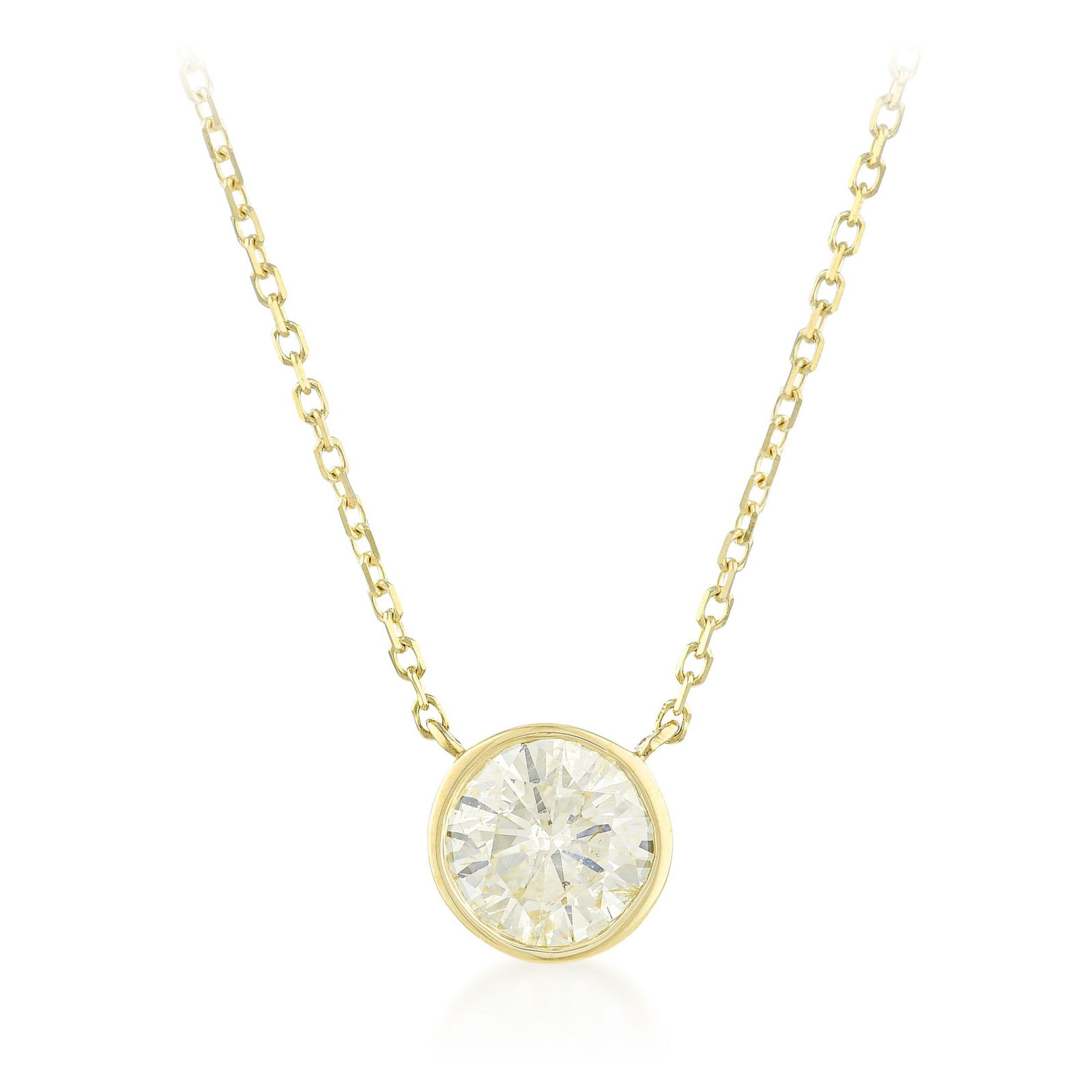 Solitaire Bezel Necklace with Adjustable Chain - No Reserve Lot: A 0.60-carat round brilliant in I-J/I1 quality, bezel-set in 14K yellow gold on an adjustable 16–18 inch chain: the adjustable bezel solitaire pendant is the most democratic of fine jewelry
