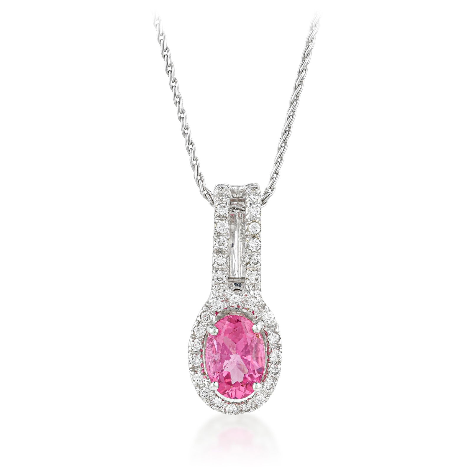 Pink Sapphire and Diamond Necklace: A 1.00-carat oval pink sapphire with round brilliant diamond accents on an 18-inch chain in 18K/14K white gold: the pink sapphire pendant is one of the most wearable expressions of color in fine