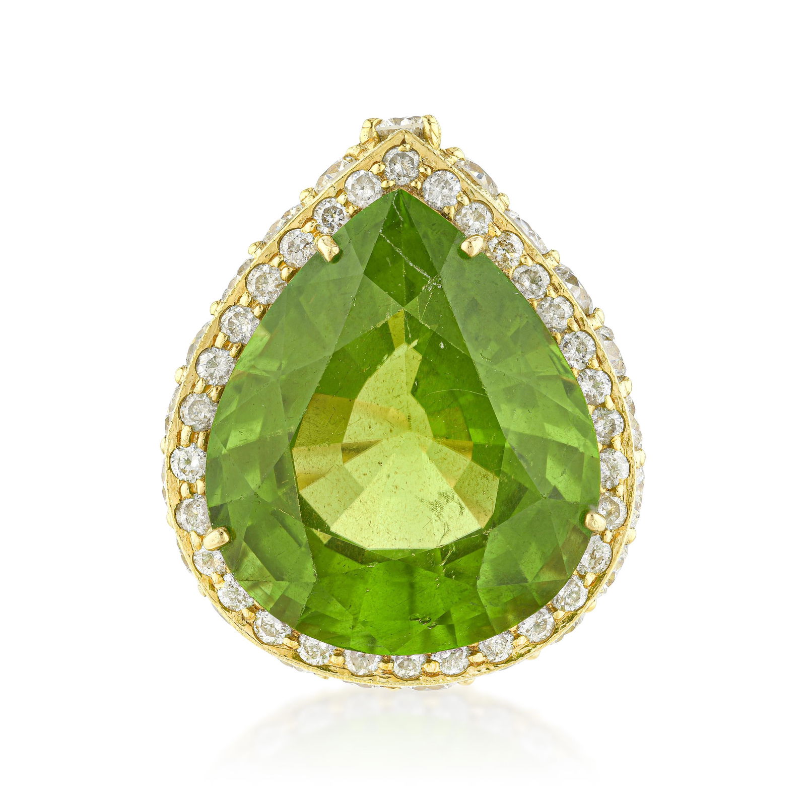Peridot and Diamond Cocktail Ring: ESTIMATED RETAIL PRICE: $25,000* *This is the estimated value a piece of similar quality, craftsmanship, and characteristics could command at retail. A 21.65-carat pear-shape peridot in 18K yellow