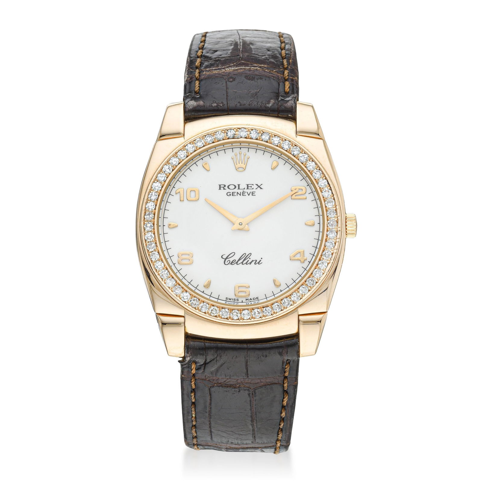 Rolex Cellini in 18K Rose Gold with Diamond Bezel: Summary of Key CharacteristicsCIRCA: 2005 CASE MATERIAL: 18K rose gold with factory diamond bezel DIAL: Gloss white dial with applied hour markers BRACELET MATERIAL: Brown leather strap with original