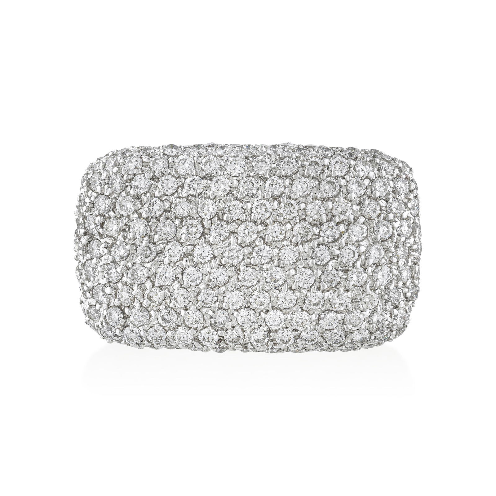 Diamond Pave Statement Ring: A diamond pavé statement ring in 18K white gold with approximately 4.50 carats of G-H/SI round brilliants at 23mm wide and 13.9 grams: this is a ring that makes its intentions clear from across