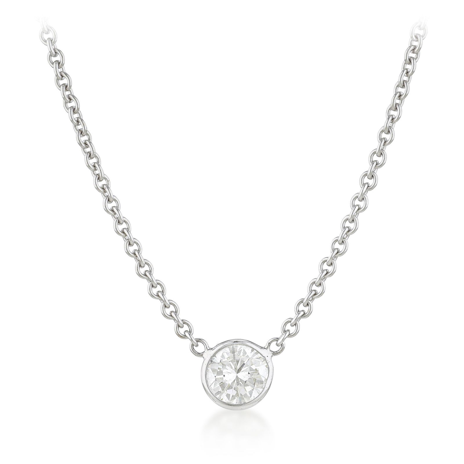 Solitary Diamond Pendant - No Reserve Lot: A 0.50-carat round brilliant in H-I/VS-SI quality, bezel-set in 18K white gold on a 16-inch chain: the bezel solitaire is the most modern and confident form for a diamond pendant — the stone