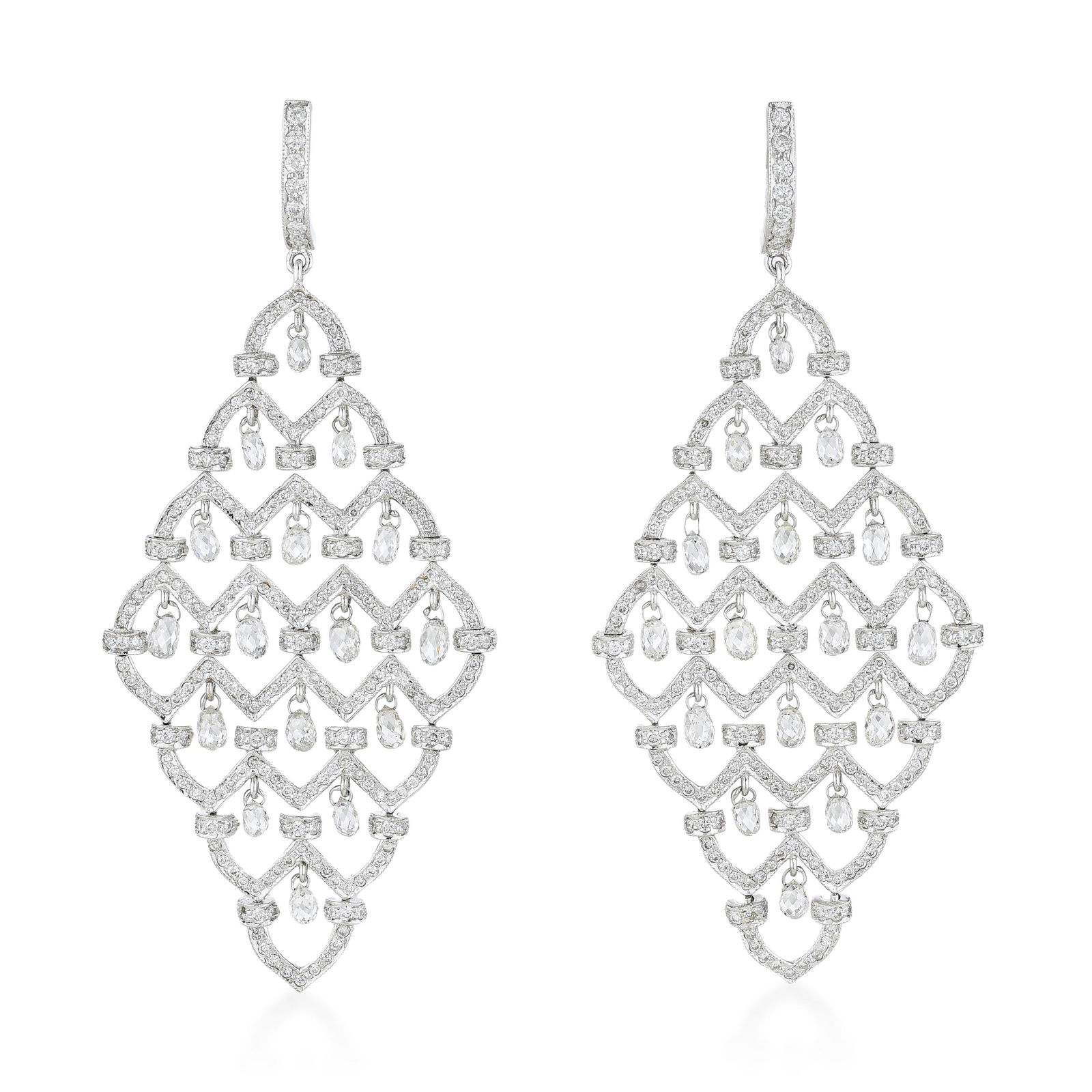 Briolette Diamond Chandelier Earrings: ESTIMATED RETAIL PRICE: $25,000* *This is the estimated value a piece of similar quality, craftsmanship, and characteristics could command at retail. Briolette diamonds are among the most