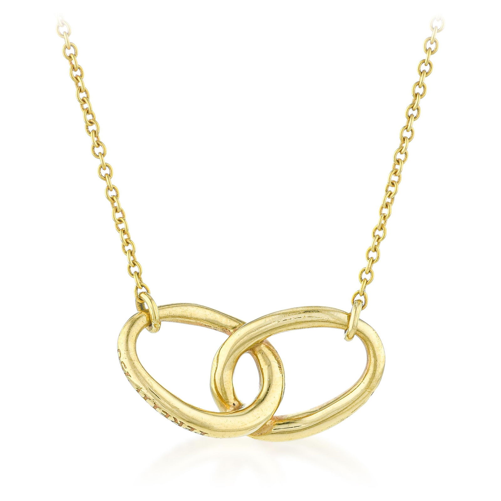 Tiffany & Co. Elsa Peretti Double Loop Pendant/Necklace: Elsa Peretti's design vocabulary for Tiffany & Co. is among the most distinctive and enduring in twentieth-century jewelry. The Double Loop pendant in 18K yellow gold — two flowing organic