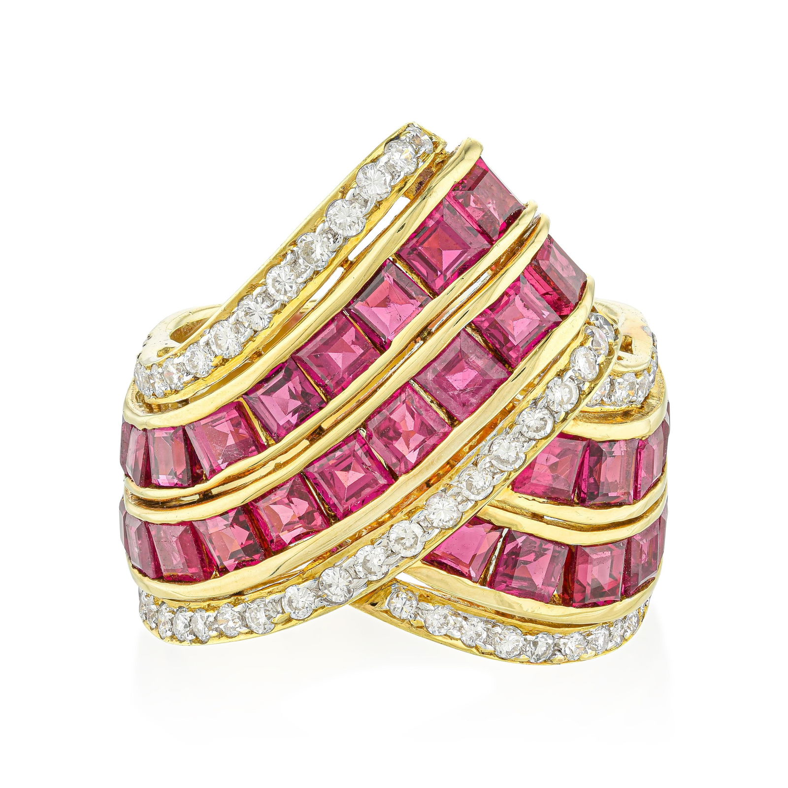 Vintage Ruby and Diamond Cocktail Ring: This elegant vintage ring features luminous square-cut rubies, channel-set in gently sweeping diagonal rows and framed by pave-set brilliant-cut diamonds that flow softly across a high-polished 18K