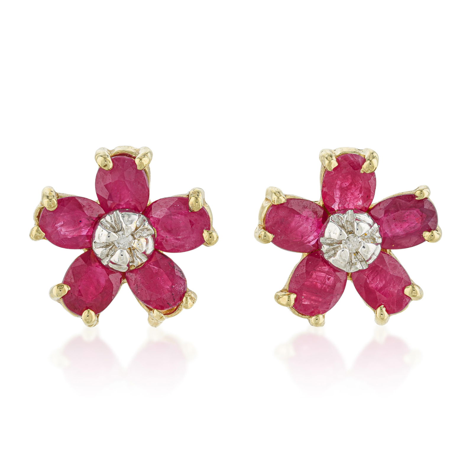 Ruby and Diamond Flower Stud Earrings: ESTIMATED RETAIL PRICE: $1,500* *This is the estimated value a piece of similar quality, craftsmanship, and characteristics could command at retail. Ruby flower studs in 14K yellow gold with