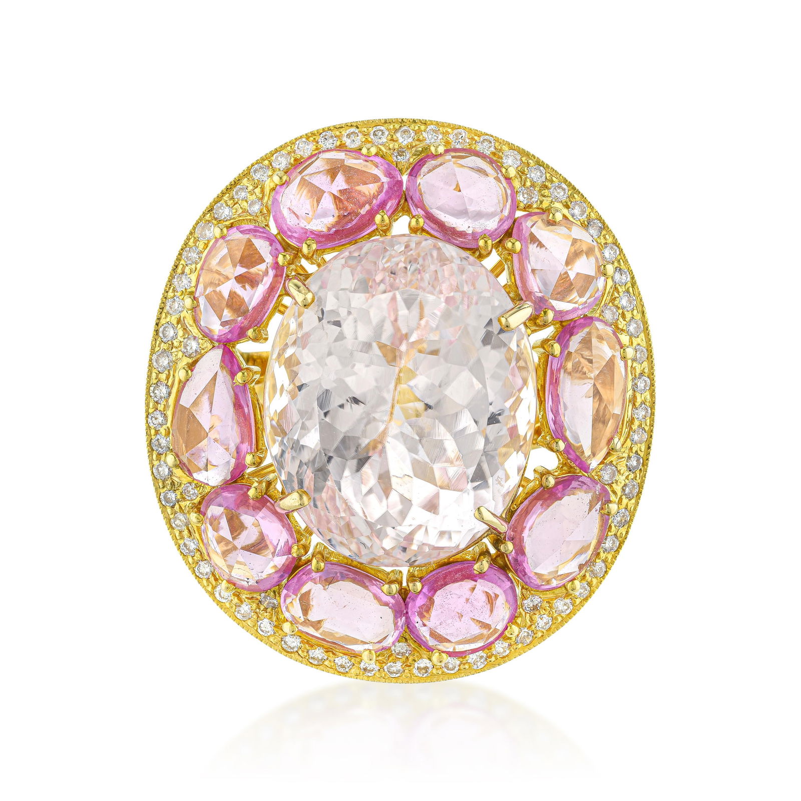 Kunzite Sapphire and Diamond Ring: ESTIMATED RETAIL PRICE: $10,000* *This is the estimated value a piece of similar quality, craftsmanship, and characteristics could command at retail. Kunzite and sapphire together: the soft,