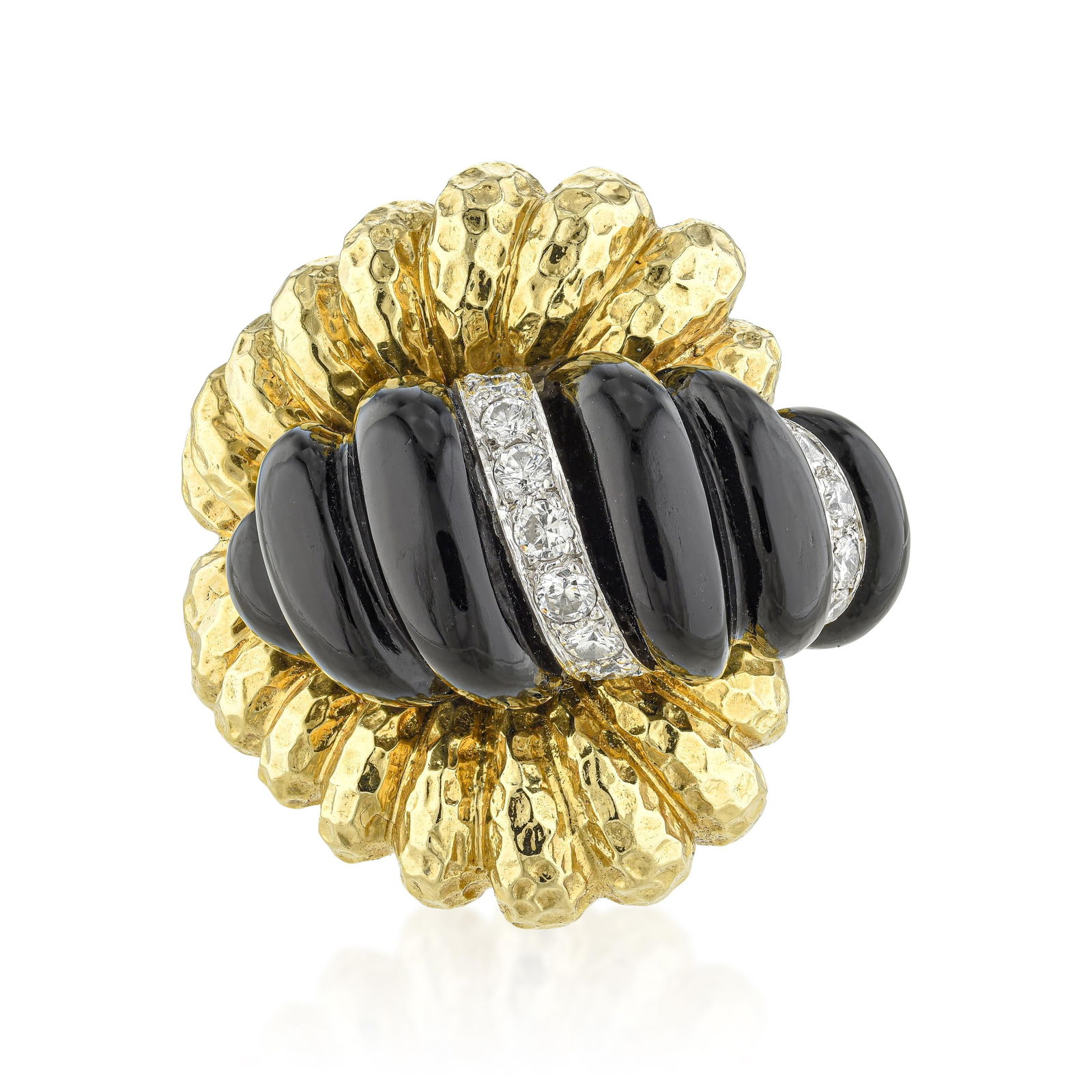 Vintage Fluted Onyx and Diamond Ring: A vintage fluted onyx ring in 18K yellow gold at 1 inch long, 27.6 grams, and ring size 5.25 with approximately 0.60 carats of round brilliant diamonds: the fluted surface treatment of the onyx