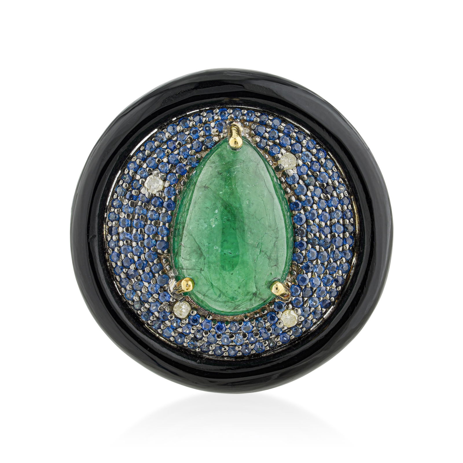 Emerald Cabochon Sapphire Onyx and Diamond Ring: ESTIMATED RETAIL PRICE: $1,600* *This is the estimated value a piece of similar quality, craftsmanship, and characteristics could command at retail. Pear-shape emerald cabochon, round sapphires,