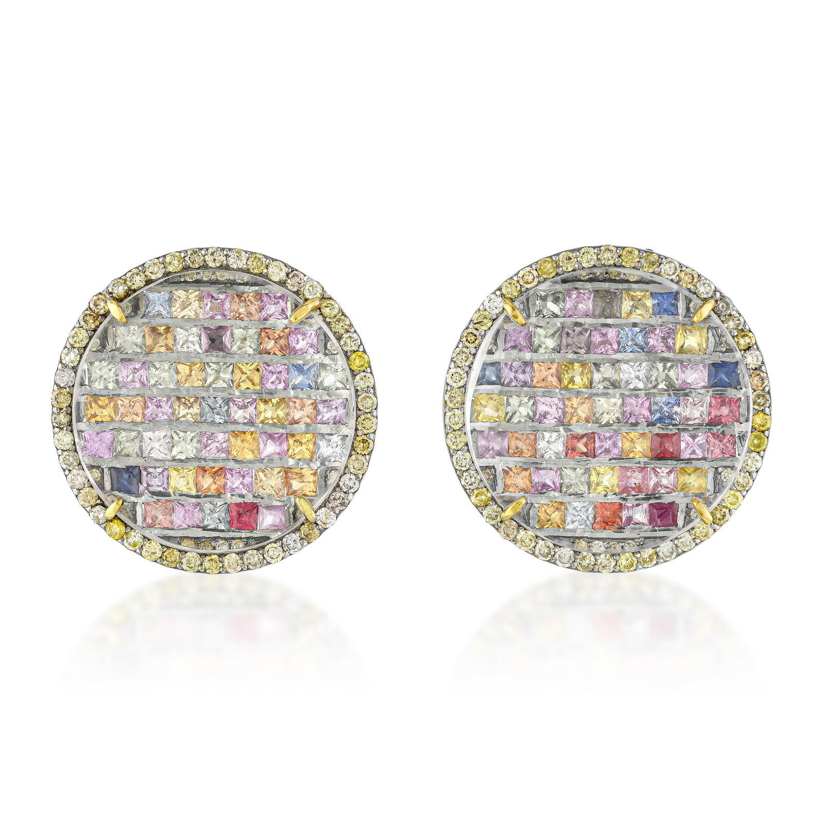 Multi-color Sapphire and Diamond Mosaic Earrings: ESTIMATED RETAIL PRICE: $3,000* *This is the estimated value a piece of similar quality, craftsmanship, and characteristics could command at retail. The mosaic technique, in which colored