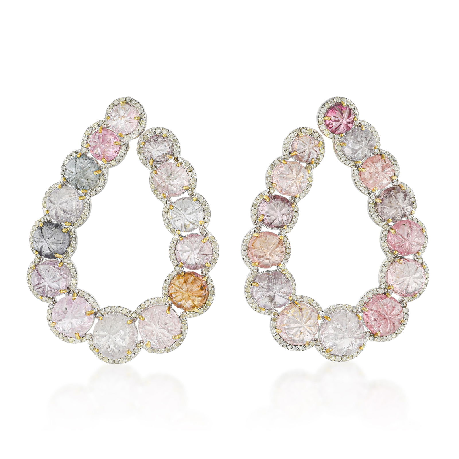Hand Carved Burmese Spinel and Diamond Hoop Earrings: ESTIMATED RETAIL PRICE: $3,800* *This is the estimated value a piece of similar quality, craftsmanship, and characteristics could command at retail. Sixty-one carats of hand-carved Burmese spinels