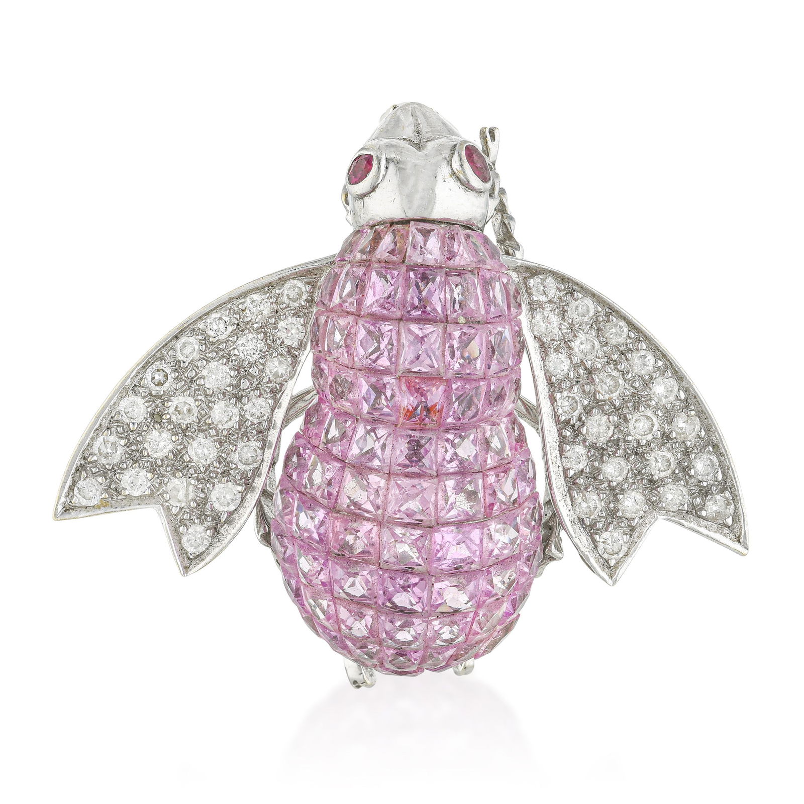 Invisibly Set Pink Sapphire and Diamond Bee Pin: ESTIMATED RETAIL PRICE: $9,500**This is the estimated value a piece of similar quality, craftsmanship, and characteristics could command at retail.The bee pin is one of the great recurring motifs in h