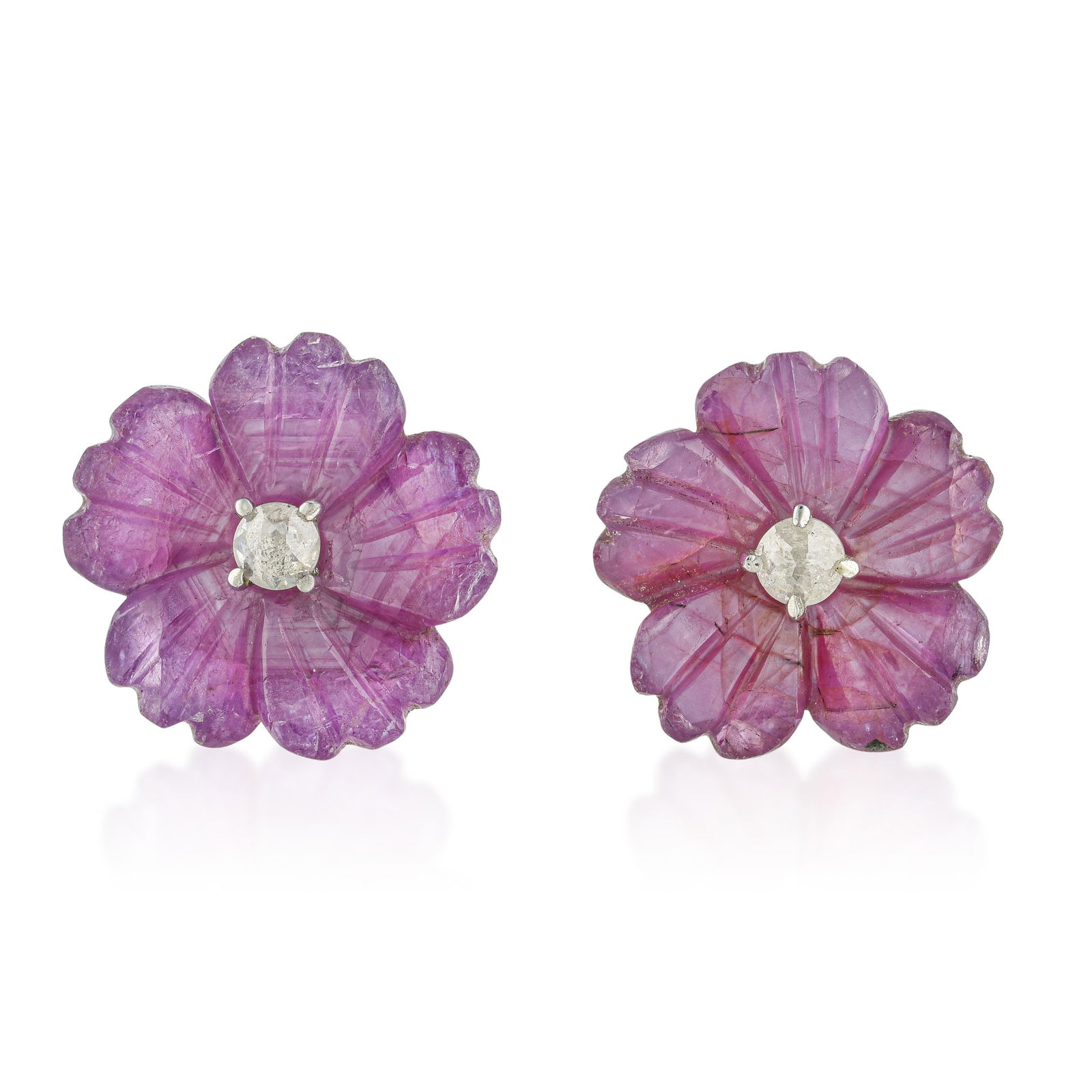 Hand Carved Flower Pink Sapphire and Diamond Stud Earrings: ESTIMATED RETAIL PRICE: $1,000* *This is the estimated value a piece of similar quality, craftsmanship, and characteristics could command at retail. Hand-carved pink sapphires shaped into