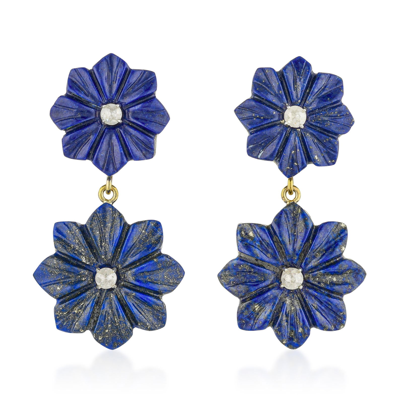 Hand Carved Flower Lapis and Diamond Flower Earrings: ESTIMATED RETAIL PRICE: $1,200* *This is the estimated value a piece of similar quality, craftsmanship, and characteristics could command at retail. Approximately 31 carats of hand-carved lapis