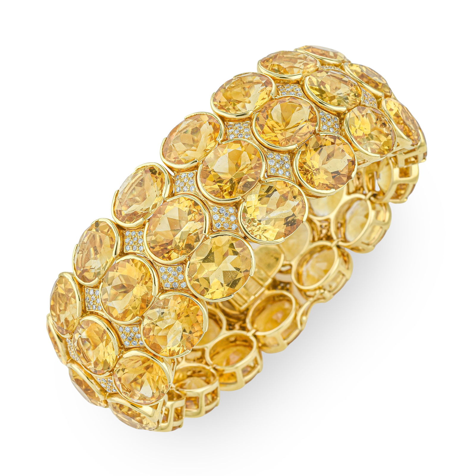 Citrine and Diamond Statement Cuff: ESTIMATED RETAIL PRICE: $42,000* *This is the estimated value a piece of similar quality, craftsmanship, and characteristics could command at retail. Approximately 188 carats of oval citrines with