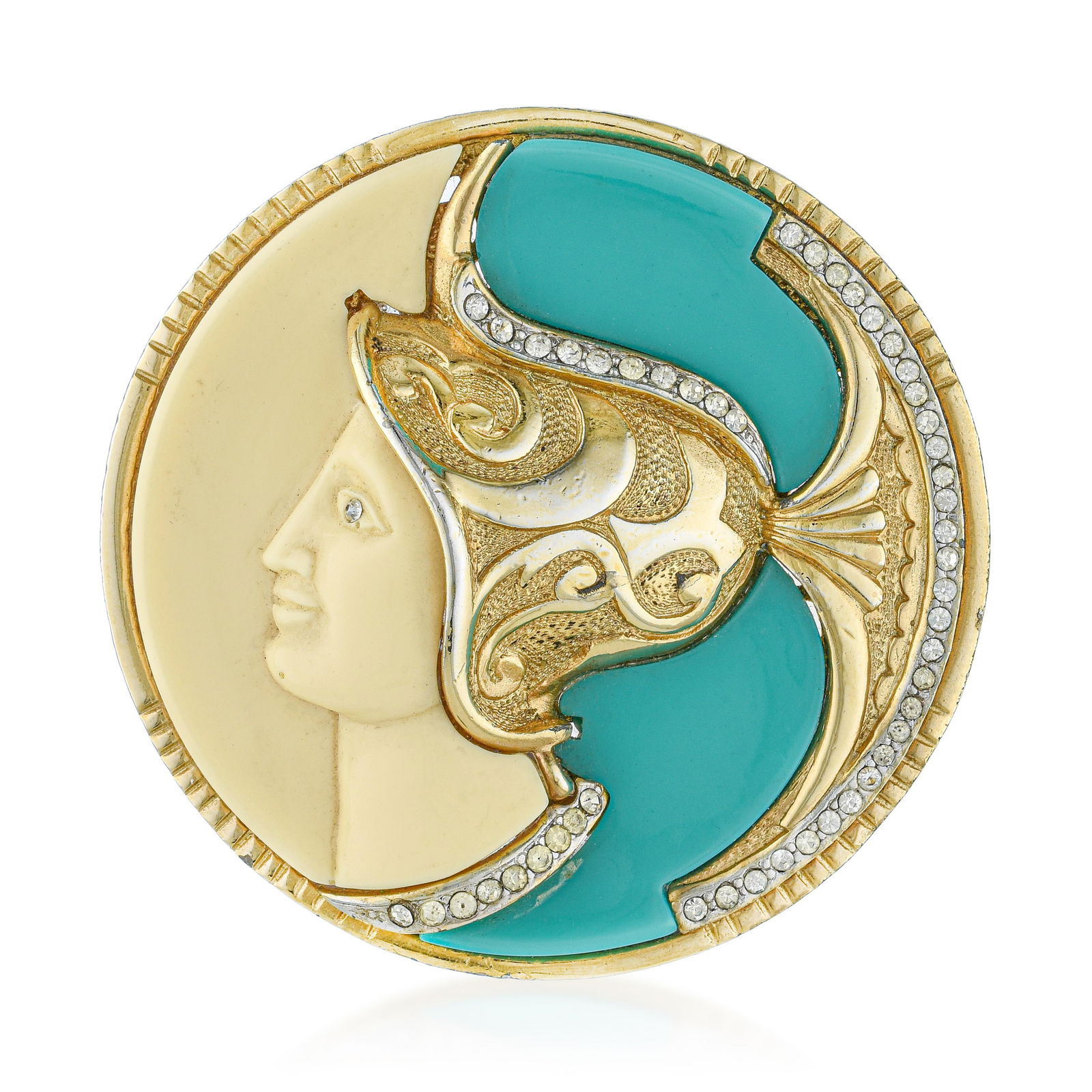 Rare Kramer Medusa Mythology Warrior Knight Brooch: Rare Kramer Medusa Mythology Warrior Knight Brooch. An elaborate figural brooch by Kramer of New York depicting a Medusa or warrior motif with detailed metalwork and rhinestone accents. A highly