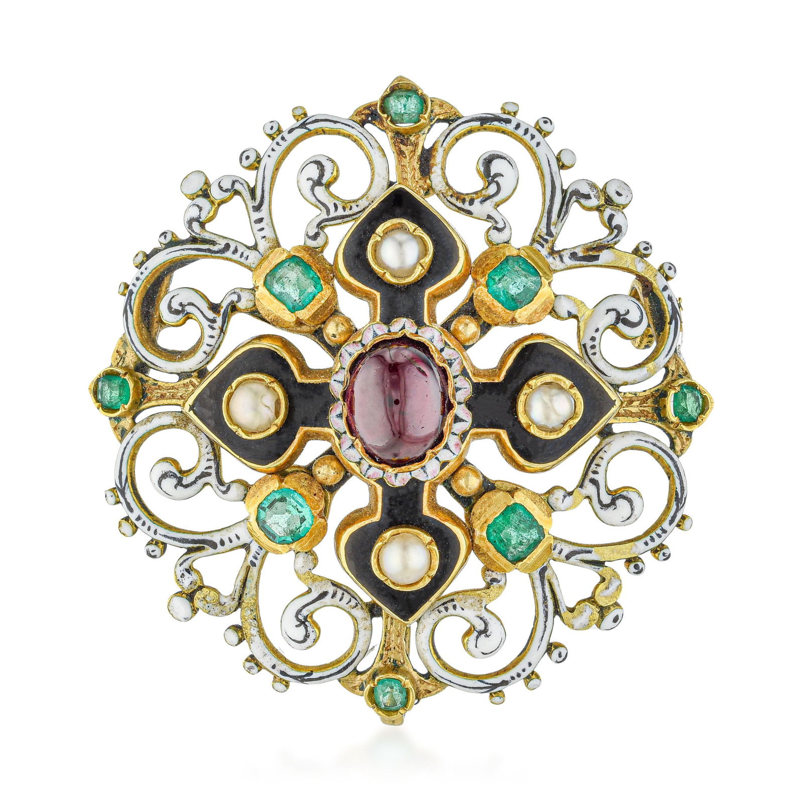 Victorian Gold Emerald Pearl and Enamel Brooch, French (1 of 2)